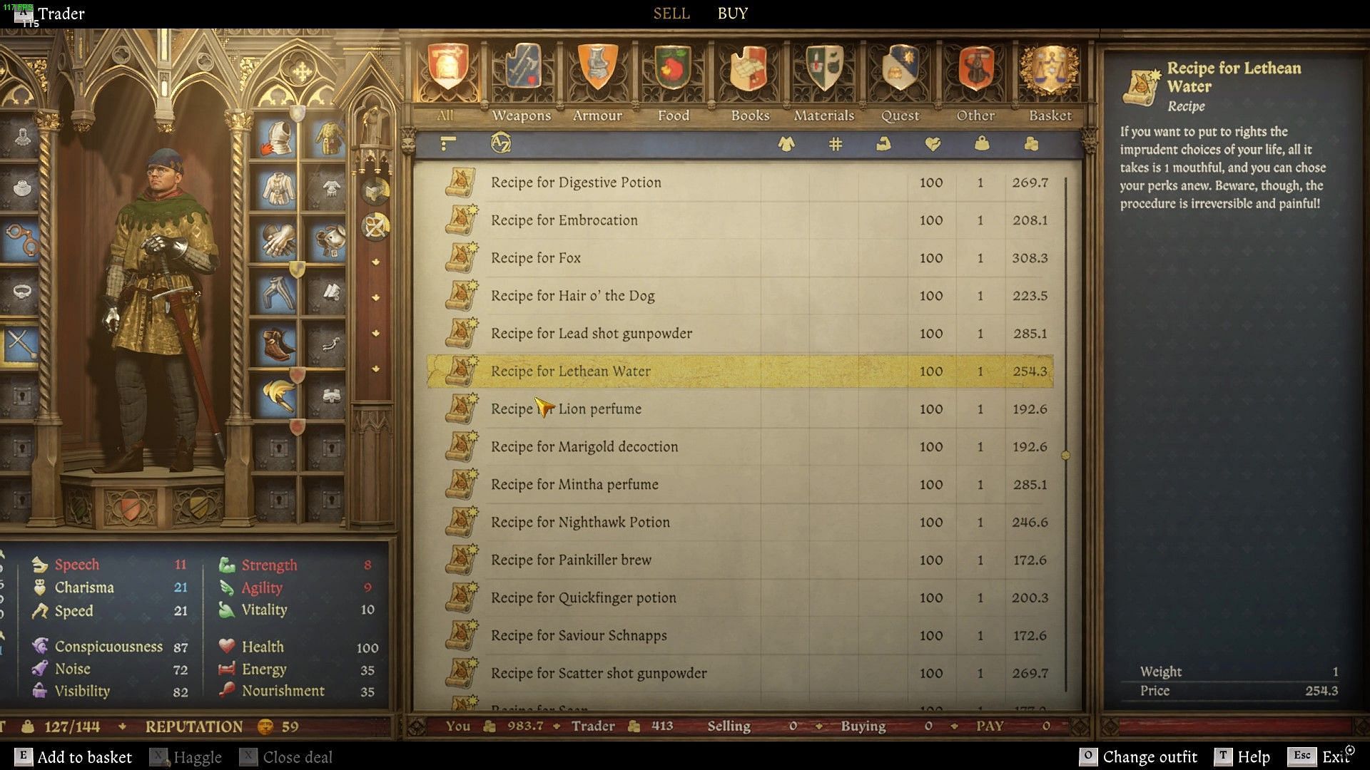 You can buy the recipe for Lethean Water if you want to have a reference at the Alchemy bench (Image via Deep Silver)