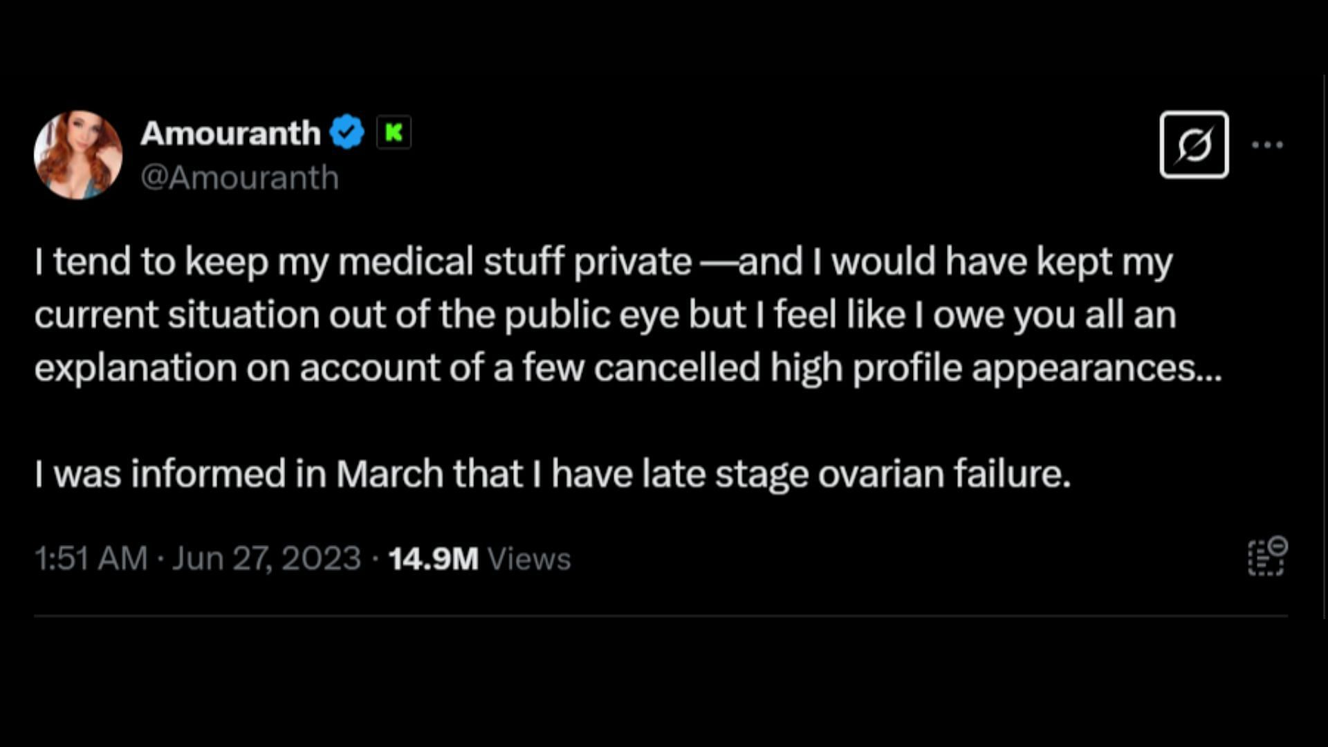 Announcement of her ovarian failure (Image via X/@Amouranth)