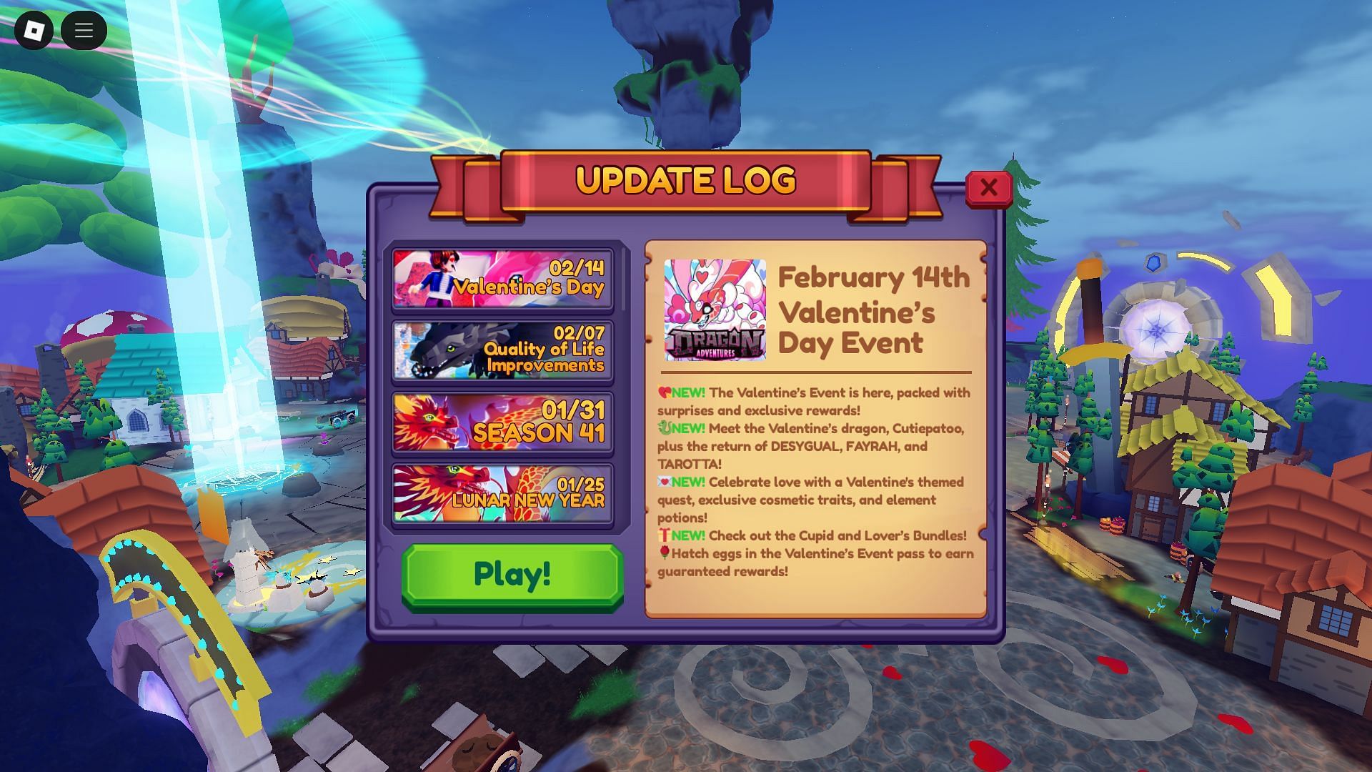 Valentine&#039;s Event update log (Image via Roblox)