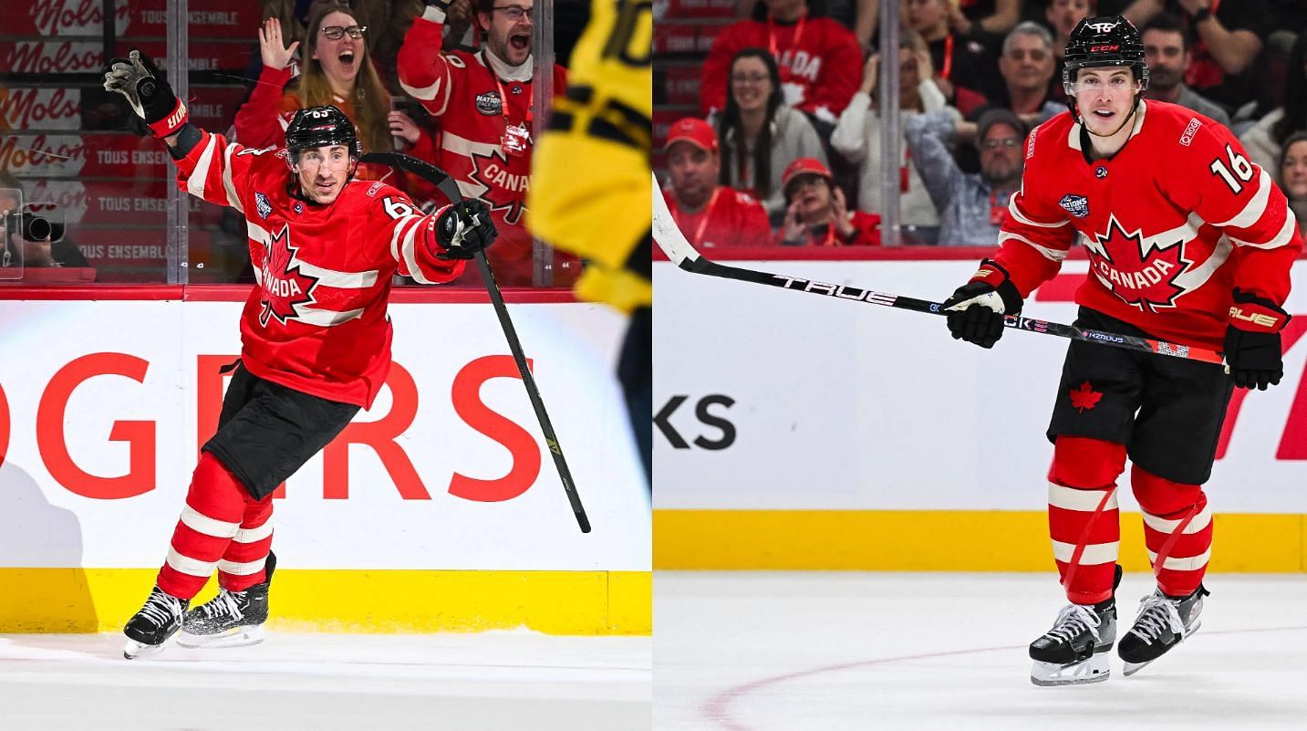 Team Canada forwards Mitch Marner (16) and Brad Marchand (63)