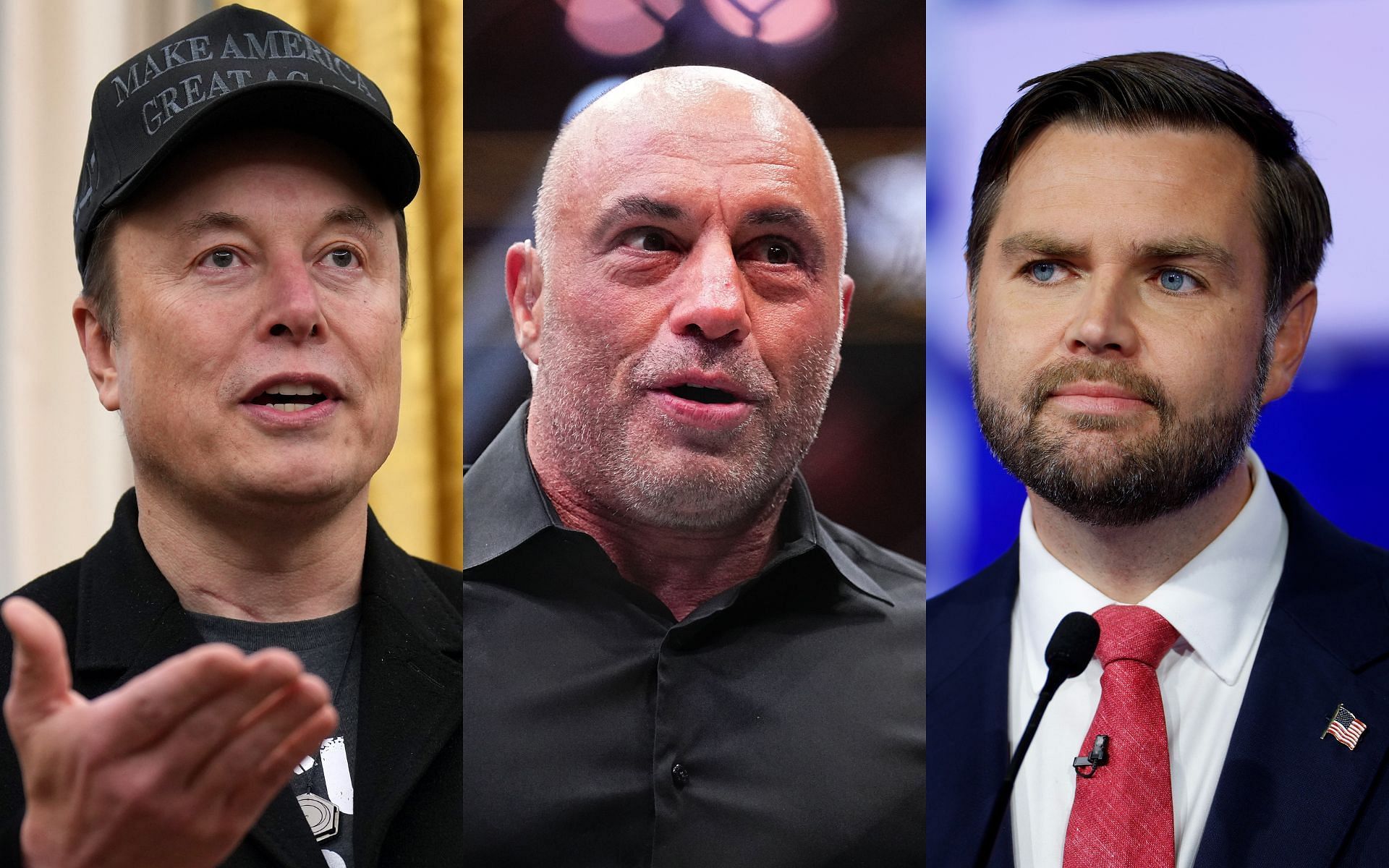 Elon Musk (left) weighed in on a JRE conversation between Joe Rogan (middle) and J.D. Vance (right) [Images courtesy: Getty Images]