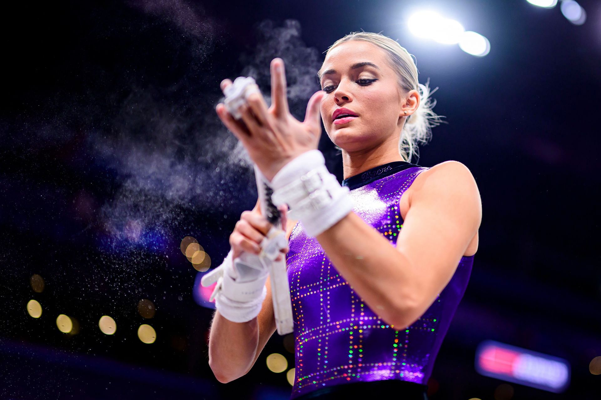 Olivia Dunne of the LSU Tigers at the Sprouts Farmers Market Collegiate Quad in Oklahoma City, Oklahoma.(Images via Getty Images)