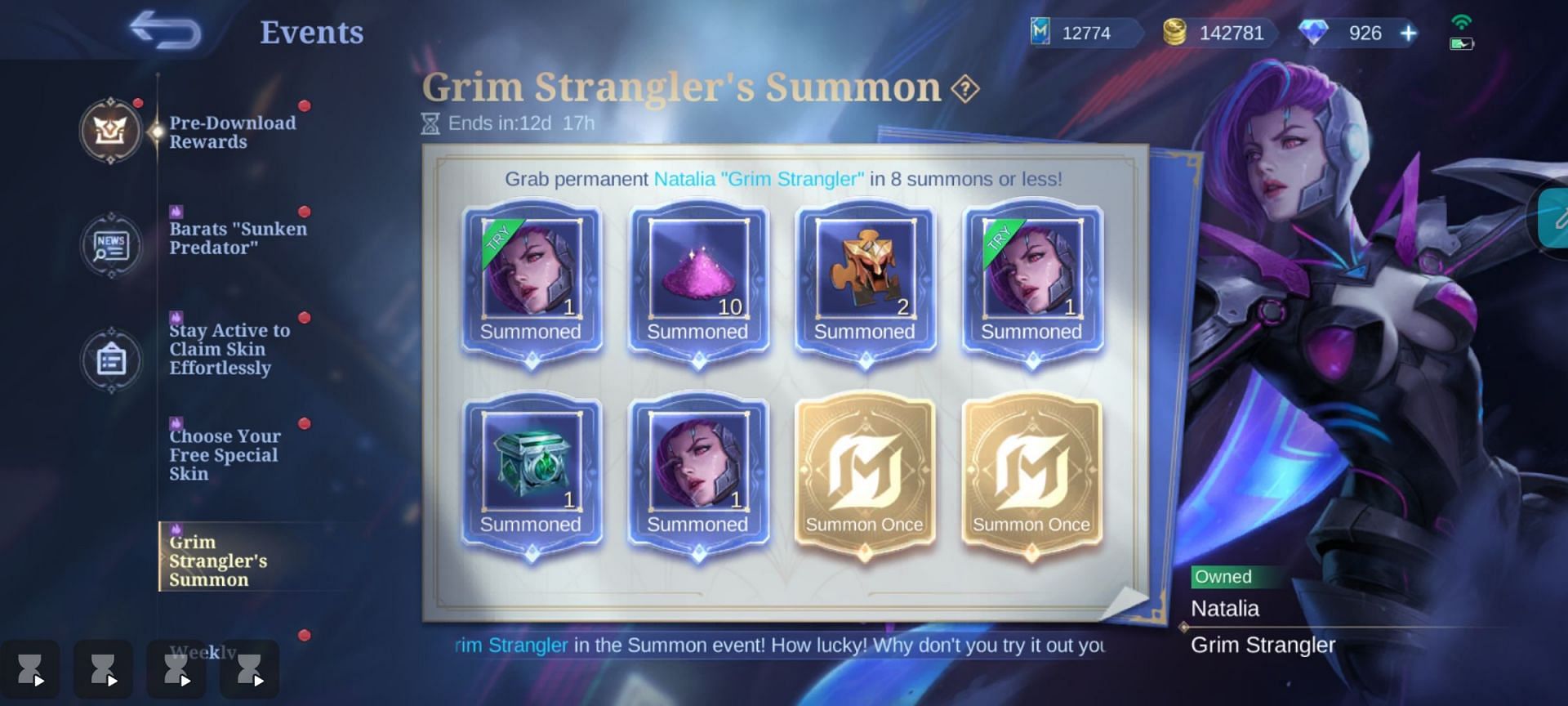 Draw results of the &quot;Grim Strangler&#039;s Summon&quot; event (Image via Moonton Games)