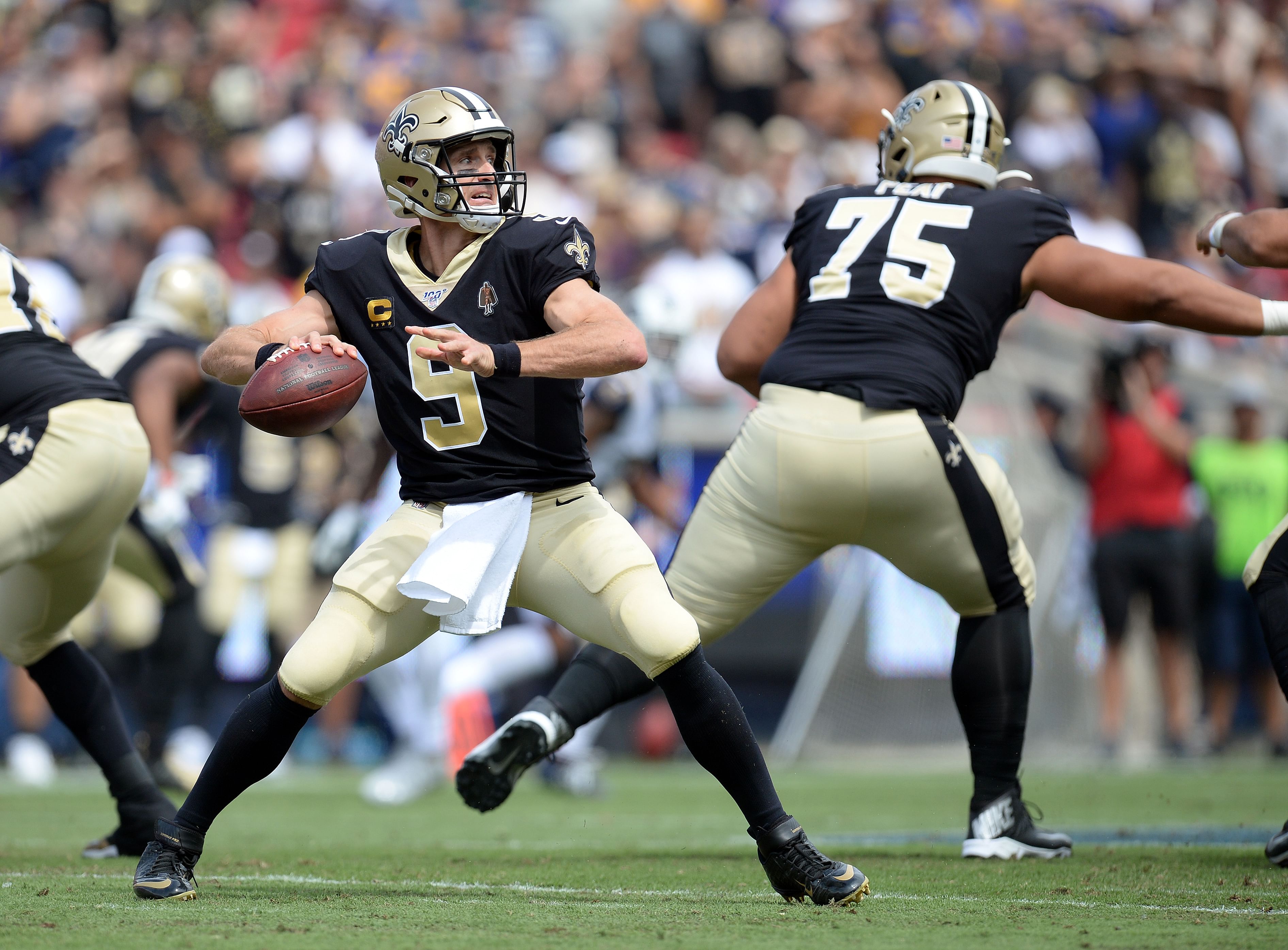 New Orleans Saints quarterback Drew Brees (9) in action during an NFL game in 2019 against the Los Angeles Rams. (Credits: IMAGN)