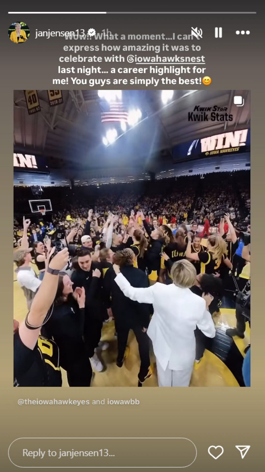 Jan Jensen&#039;s Instagram story for Hawkeyes&#039; win over USC Trojans | via @janjensen13/ig