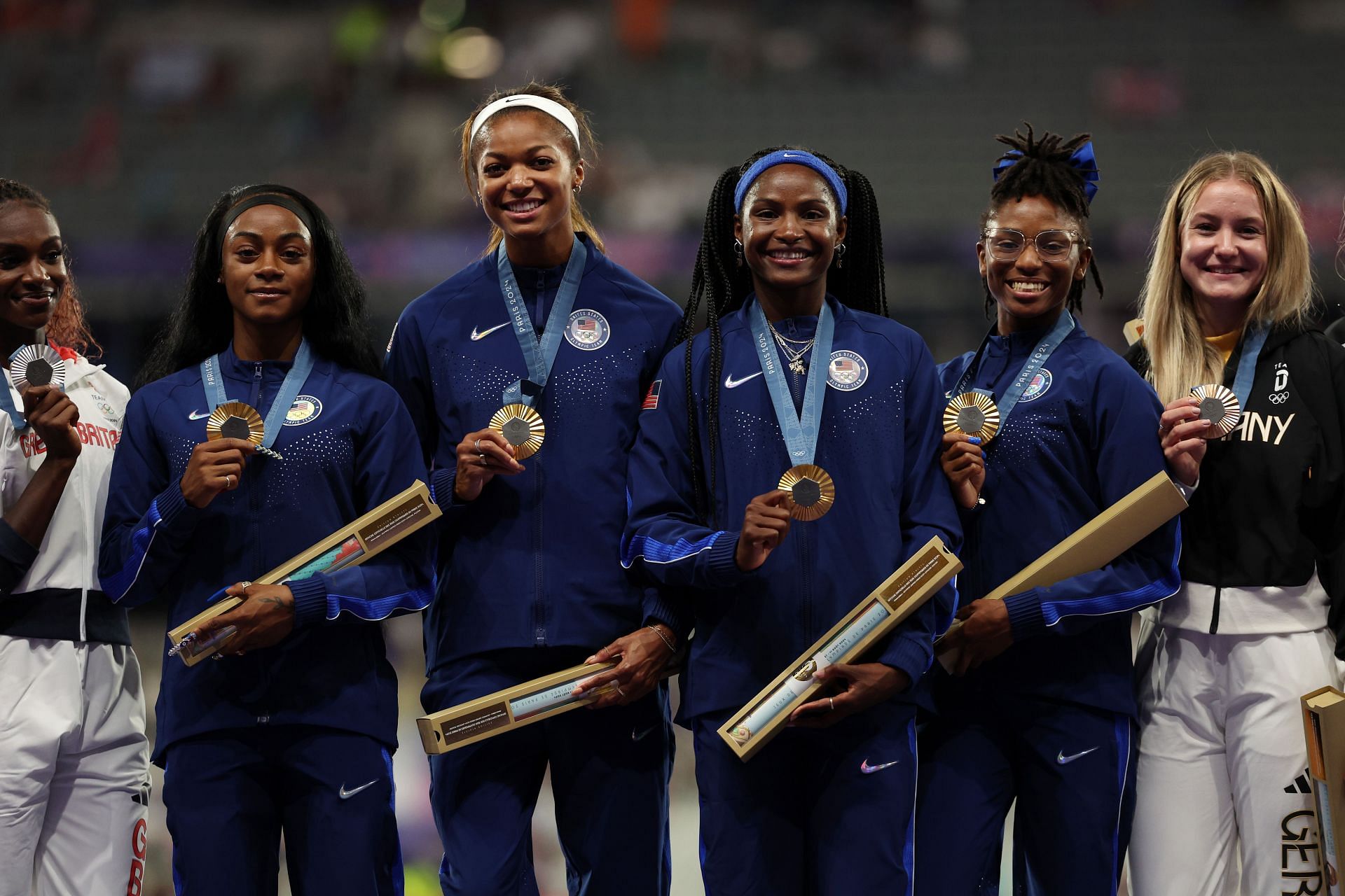 Sha&#039;carri Richardson, Twanisha Terry, Gabby Thomas, and Melissa Jefferson of Team United States during the Olympic Games 2024 in Paris, France. (Photo by Getty Images)