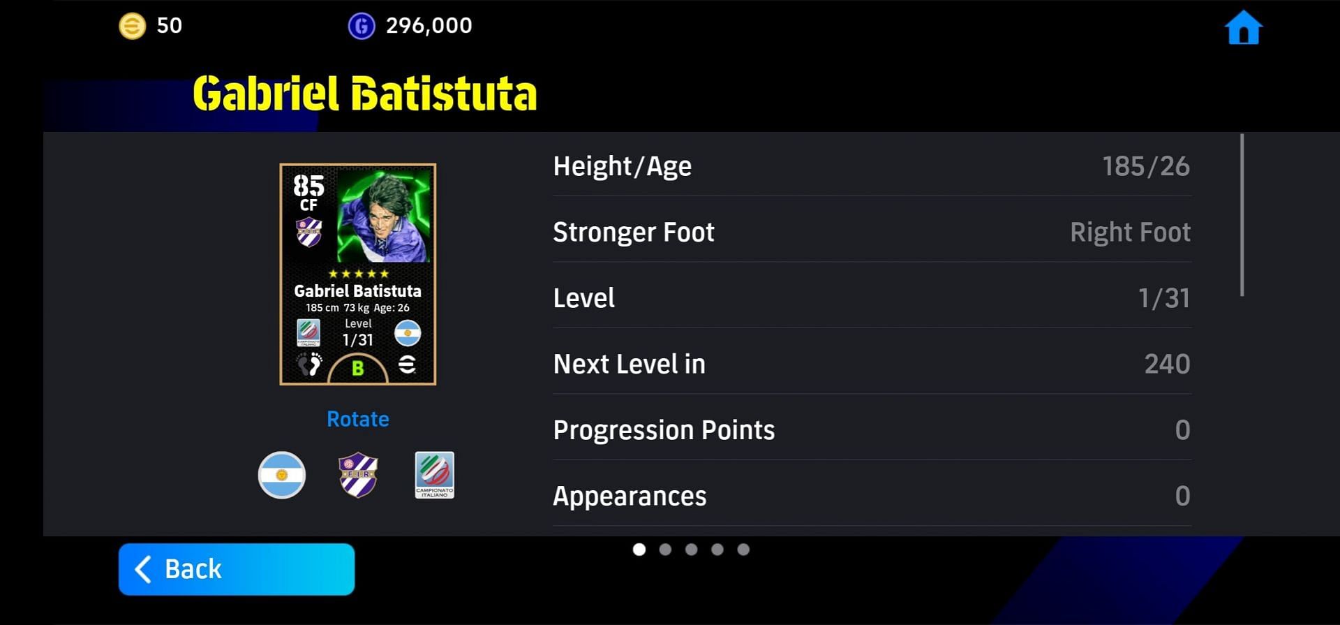 Gabriel Batistuta&#039;s primary European Clubs Attackers card in eFootball 2025 (Image via Konami)