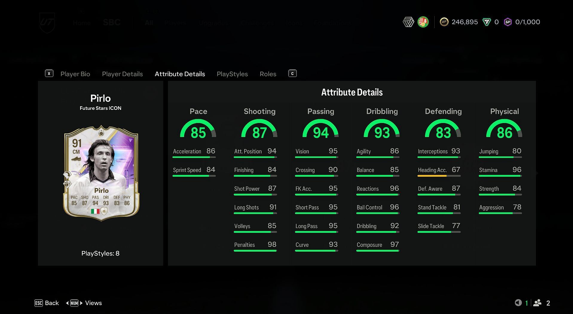 Andrea Pirlo Future Stars Icon SBC attributes (Image via Sportskeeda Gaming/EA Sports)