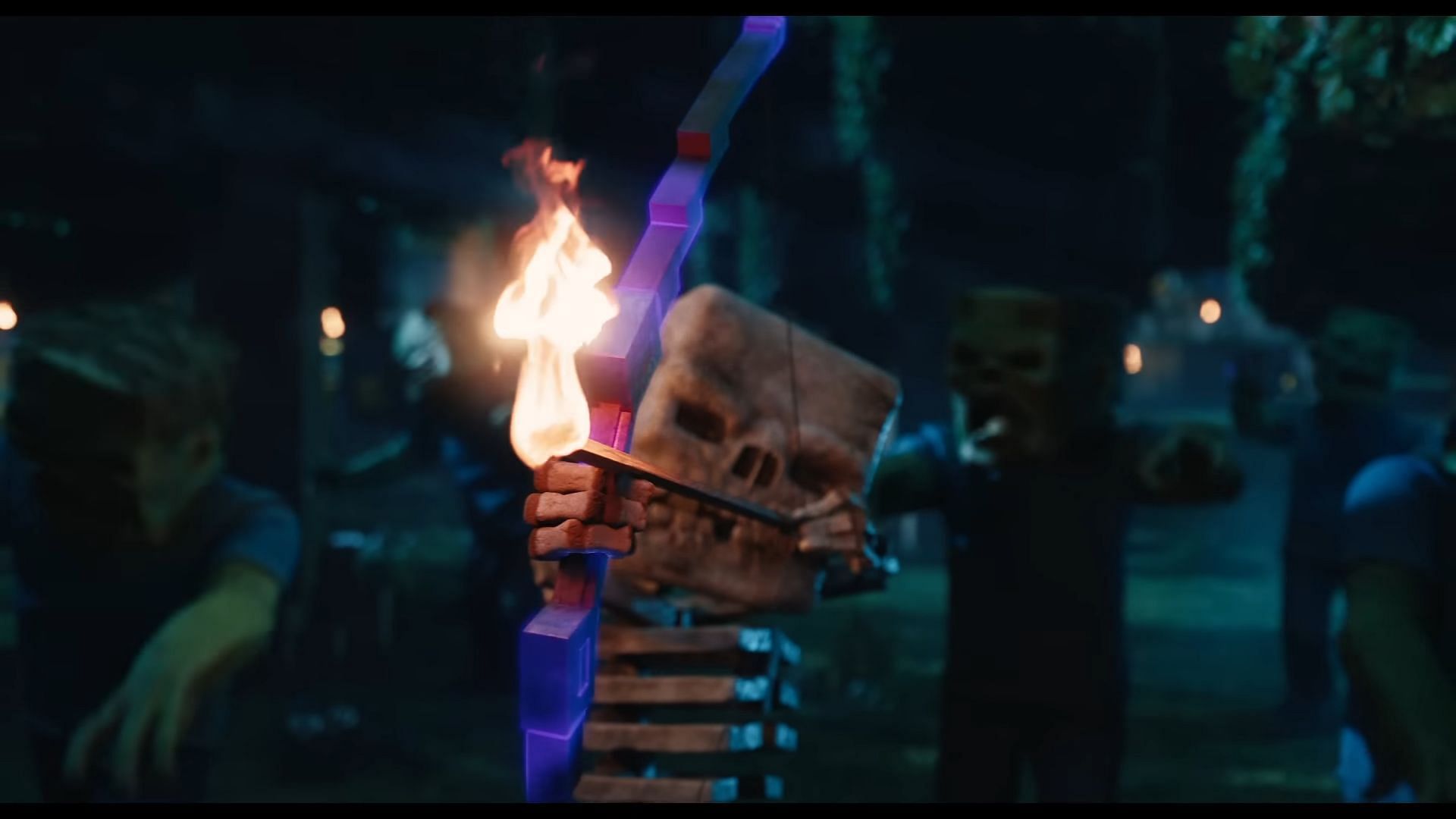 The Minecraft Movie NBA All-Star trailer depicts a skeleton wielding an enchanted bow (Image via Warner Bros. Pictures)