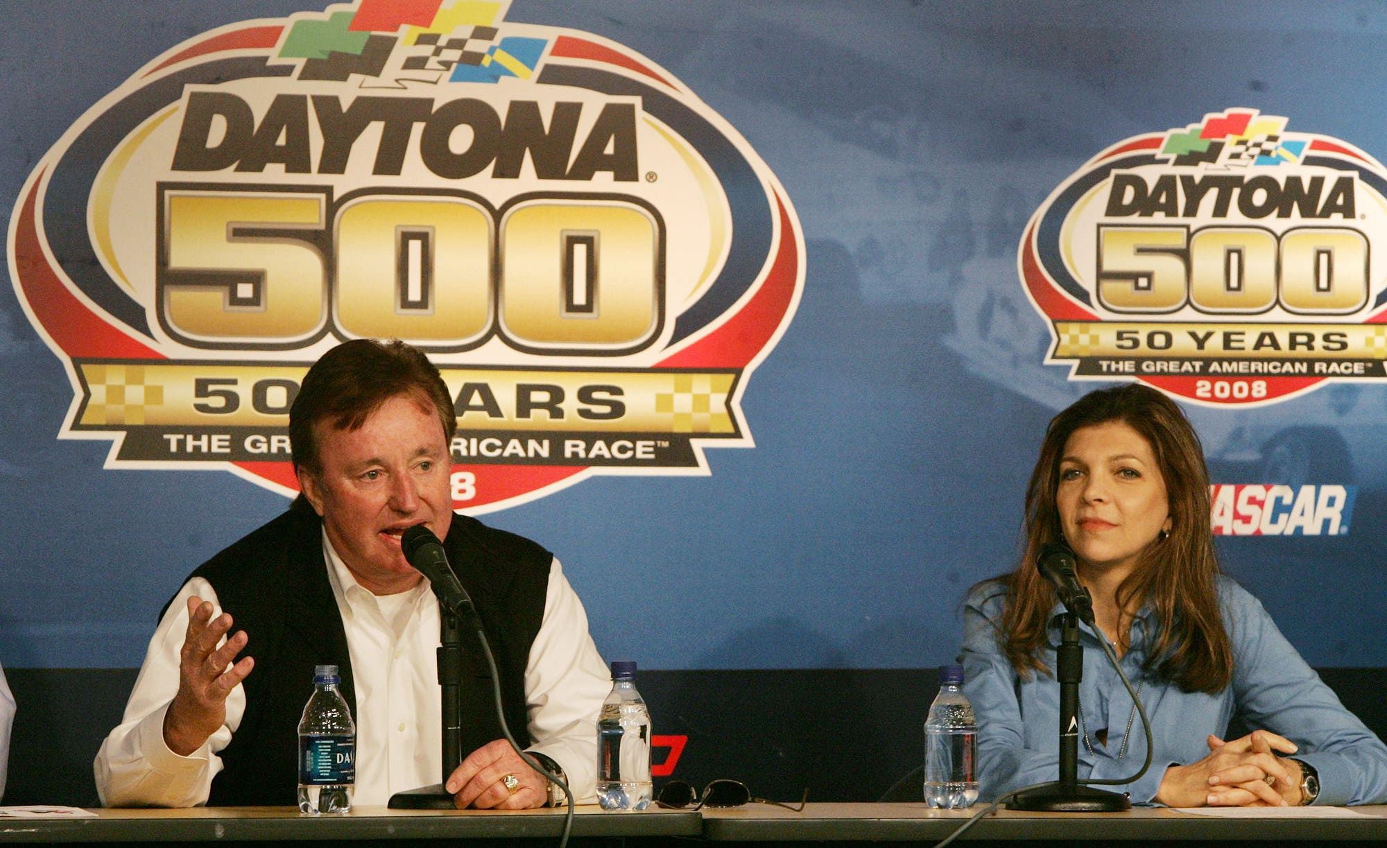 Richard Childress and Teresa Earnhardt at a press conference, Sunday February 10, 2008 to recognize the 10th anniversary of Dale Earnhardt&#039;s historic win in the 1998 Daytona 500 - Source: Imagn