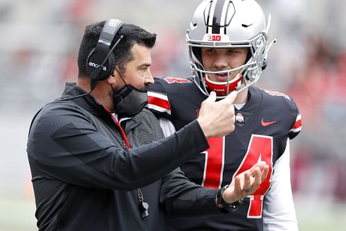 Kyle McCord (14) with head coach Ryan Day - Source: Imagn