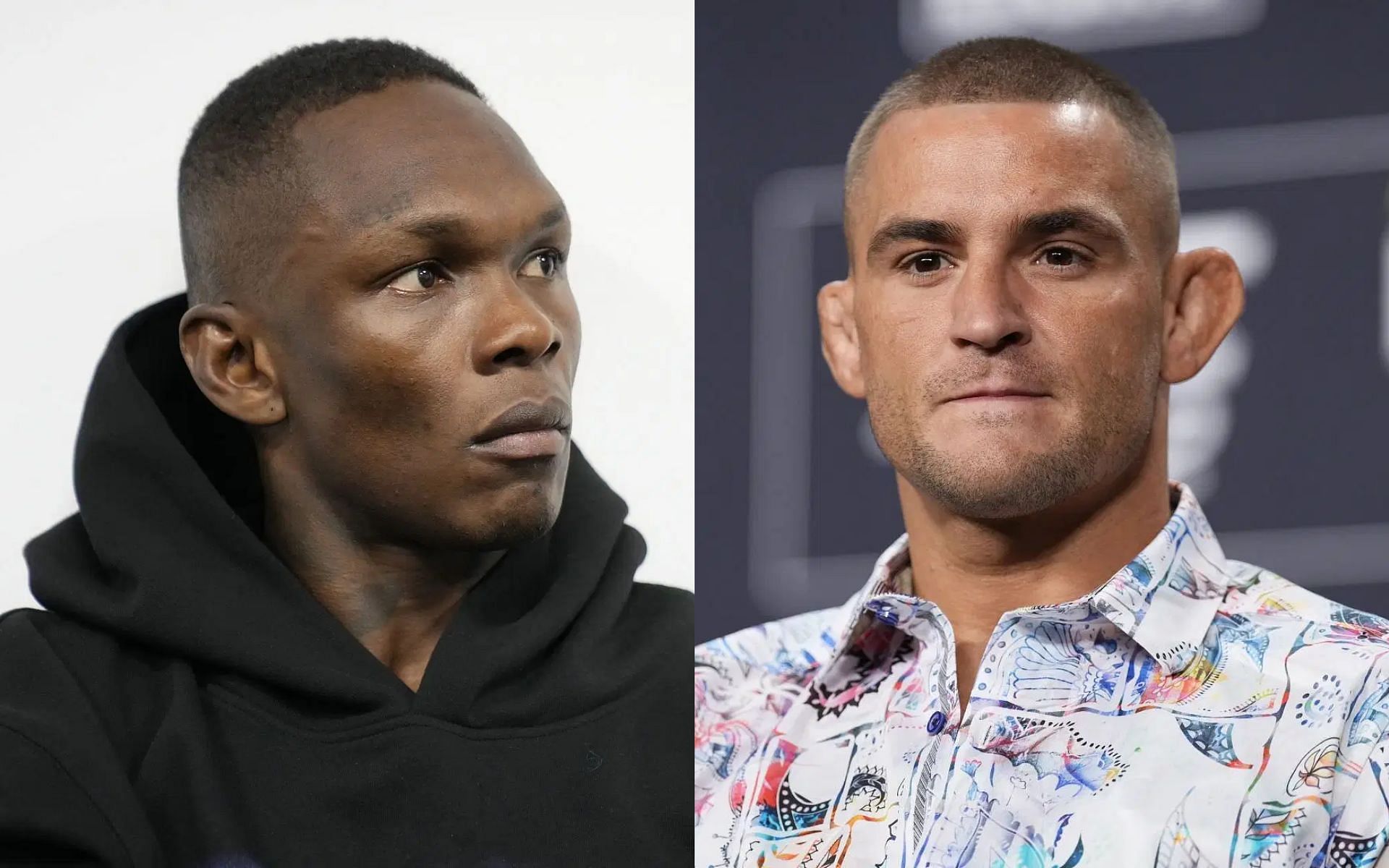 Dustin Poirier (right) responds to Israel Adesanya