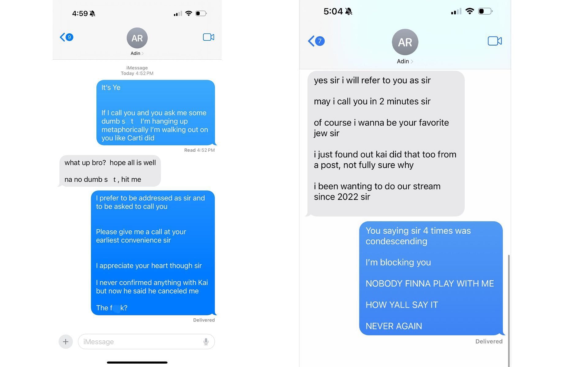 DMs with Adin Ross that Kanye West revealed in a series of X posts (Image via @kanyewest/X)