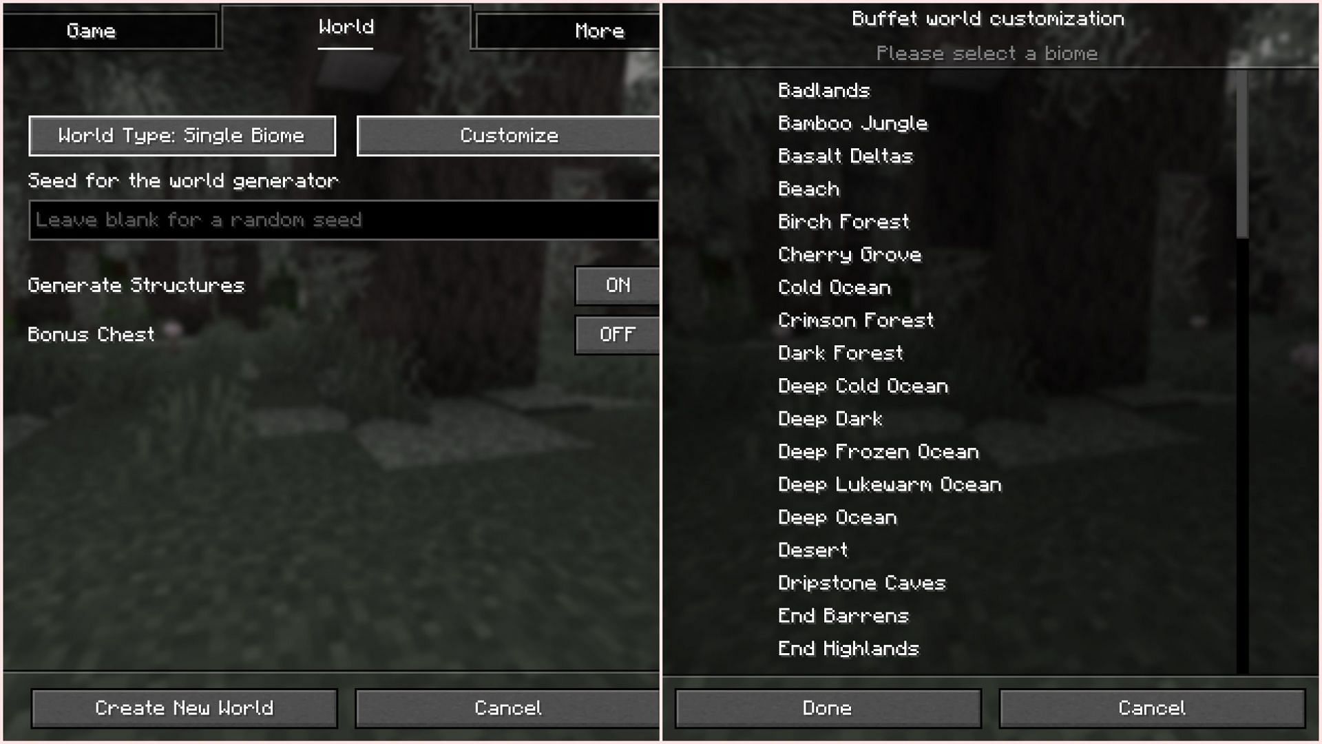 Select a single biome option while creating a new world in Java Edition (Image via Sportskeeda Gaming || Mojang Studios)