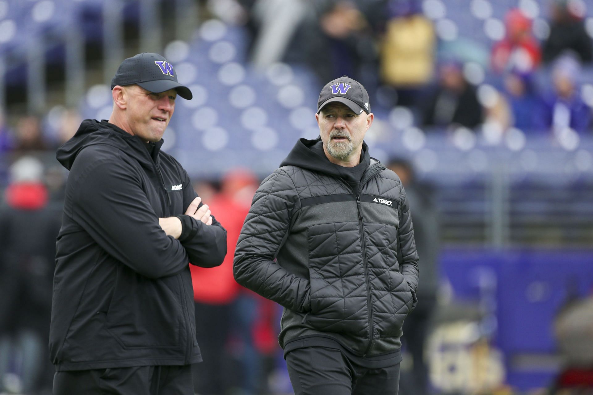 Washington head coach Karen DeBoer and Offensive Coordinator Ryan Grubb during a college football game between the Washington Huskies and the Utah Utes on November 11, 2023 - Source: Getty