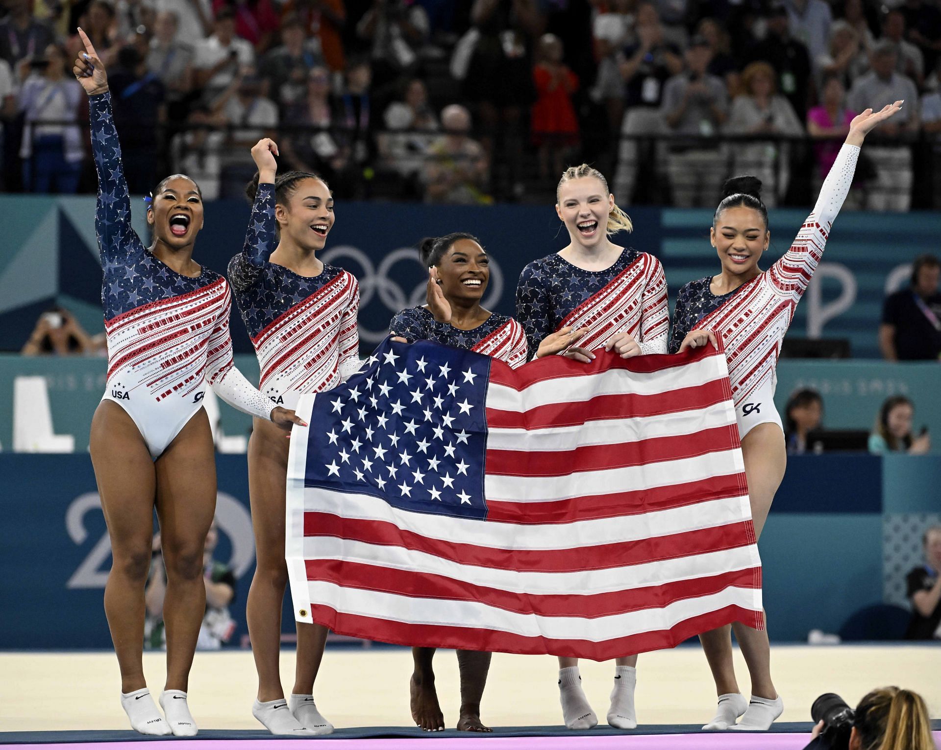 Jordan Chiles, Hezly Rivera, Simone Biles, Jade Carey, and Suni Lee at the Gymnastics during the Paris 2024 Olympics. - Source: Getty