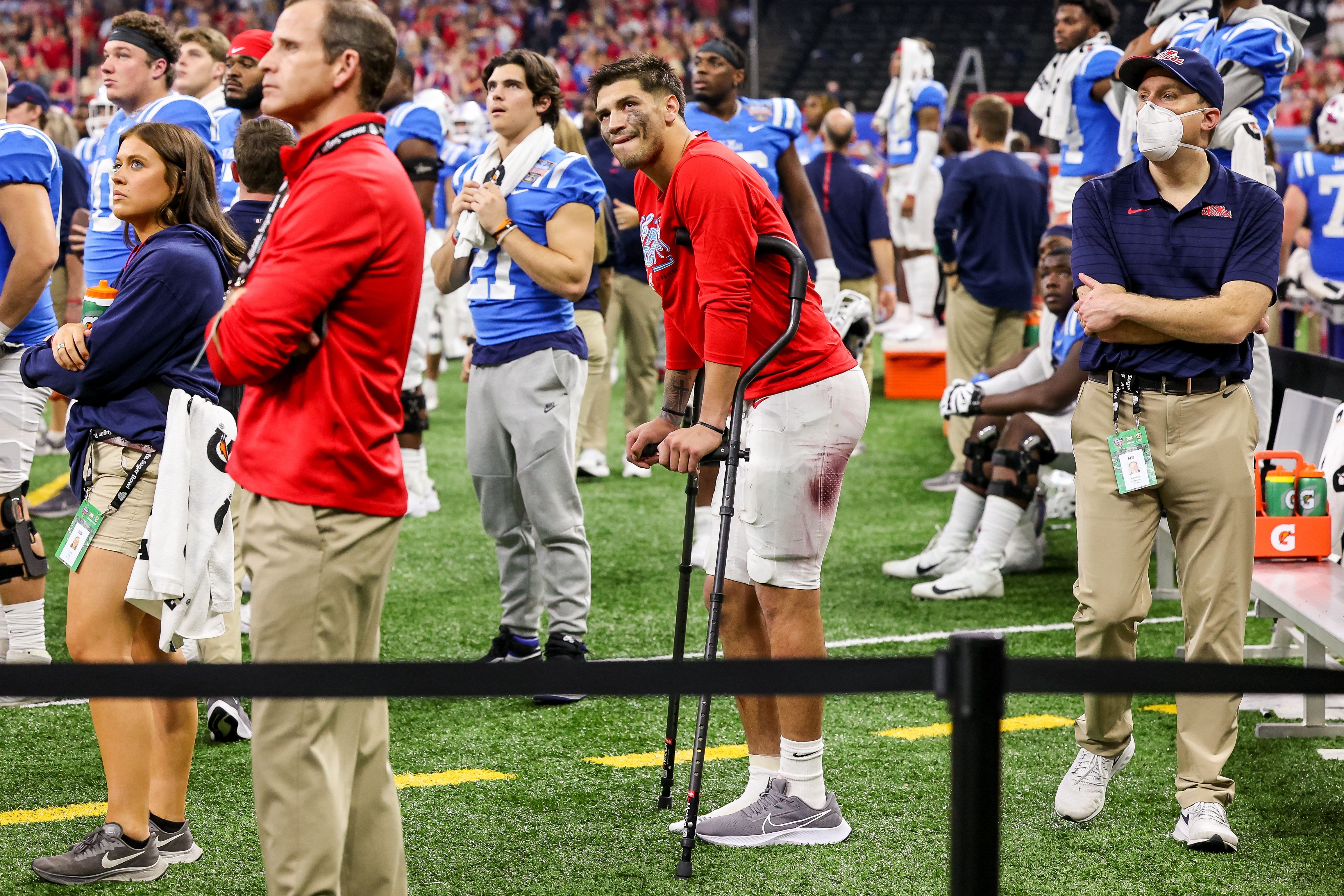 Mississippi Rebels quarterback Matt Corral (2) watches from the sidelines - Source: Imagn