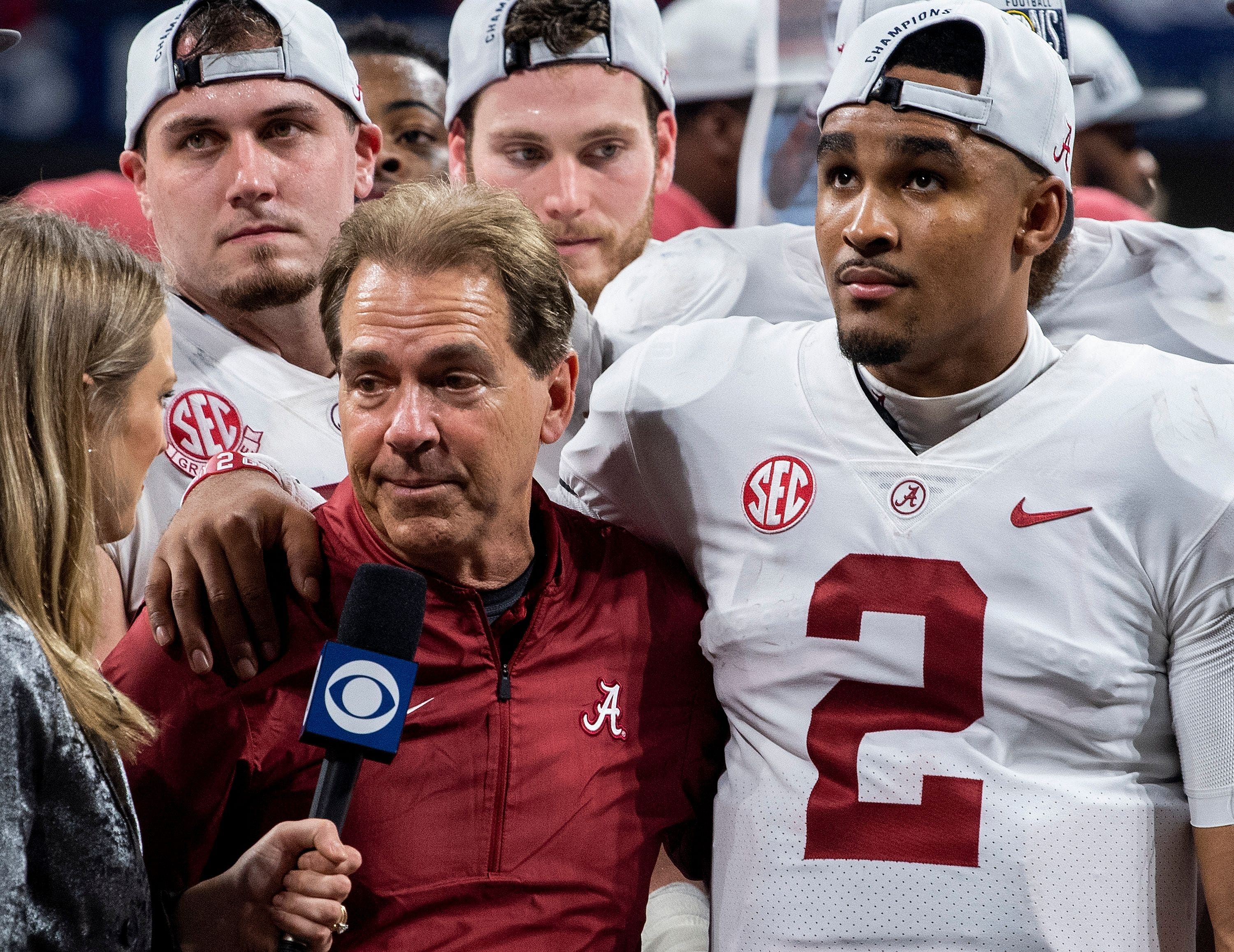 Jalen Hurts and Nick Saban after the SEC Championship Game - Source: Imagn