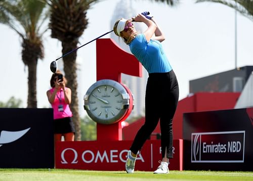 Paige Spiranac tees off from the 1st hole during Day Three of the Omega Dubai Moonlight Classic- Source: Getty