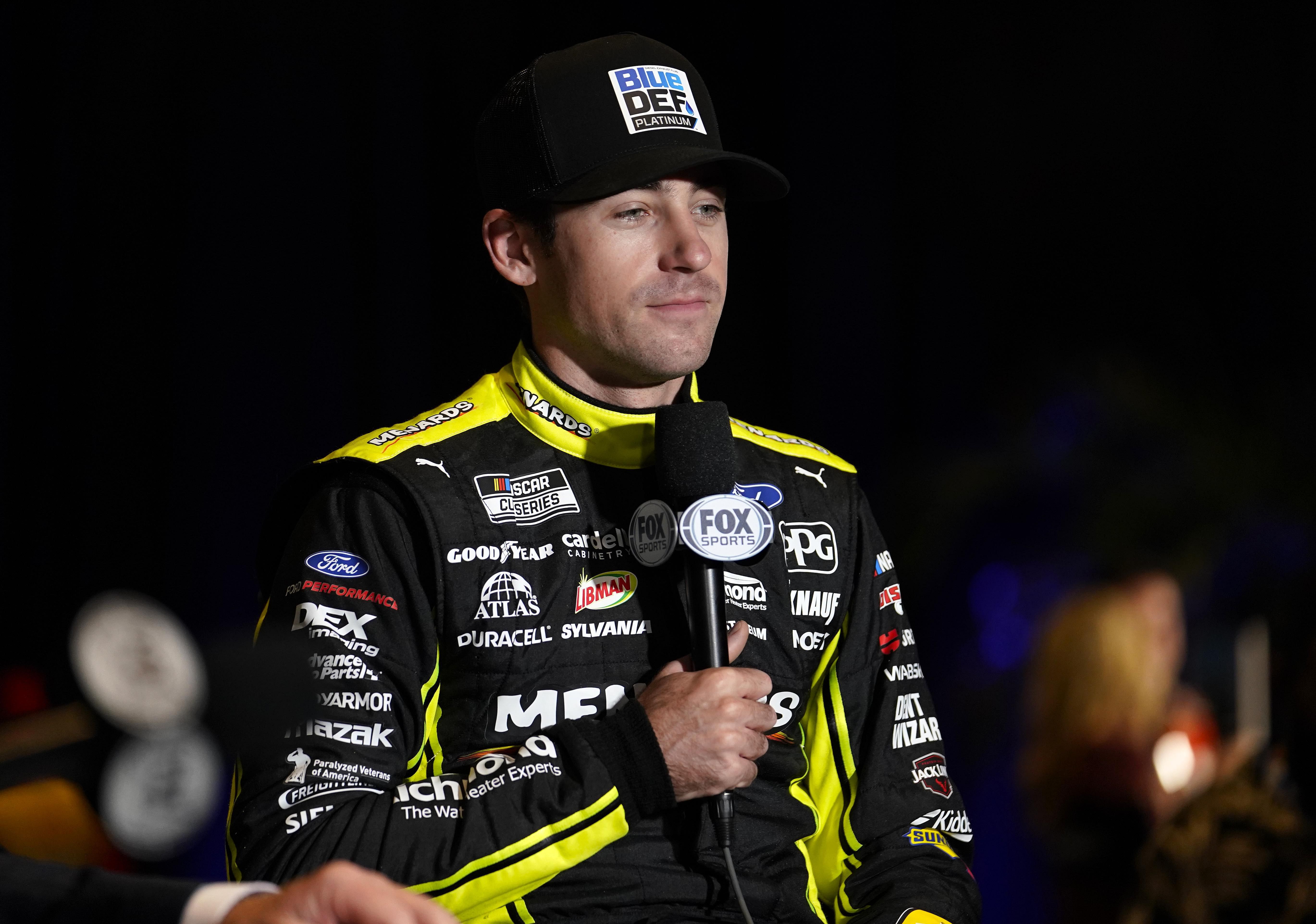 Feb 16, 2022; Daytona, FL, USA; Feb 16, 2022; Daytona, FL, USA; NASCAR Cup Series driver Ryan Blaney (12) talks to the press during Daytona 500 media day at Daytona International Speedway. Mandatory Credit:Mandatory Credit: Mike Dinovo-Imagn Images - Source: Imagn