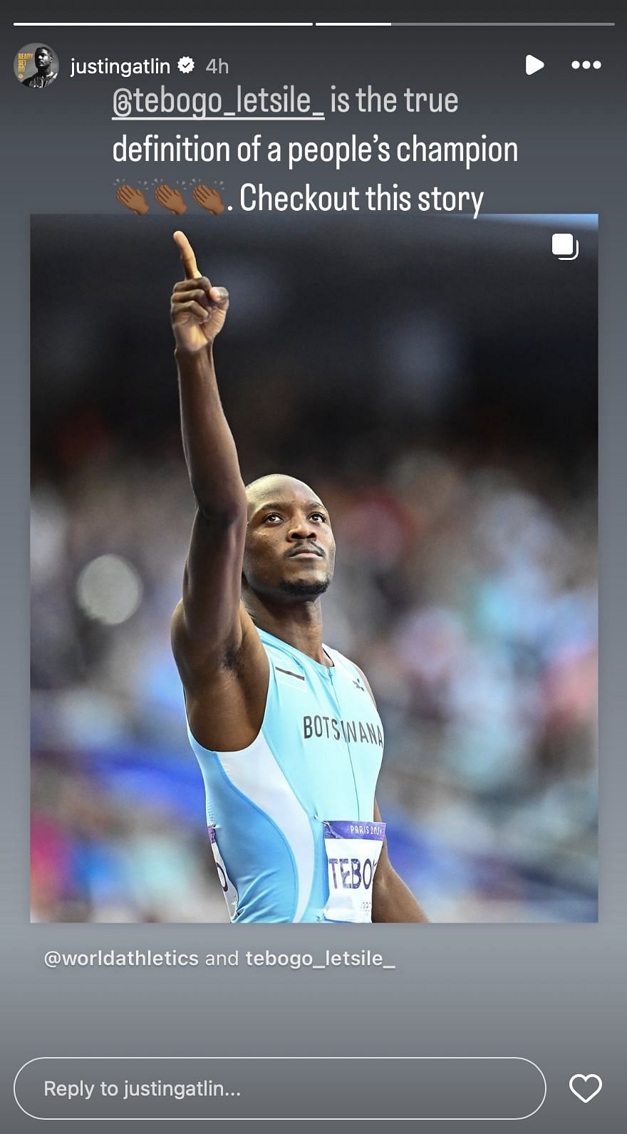 Justin Gatlin reacts to Letsile Tebogo&#039;s efforts | Instagram@justingatlin