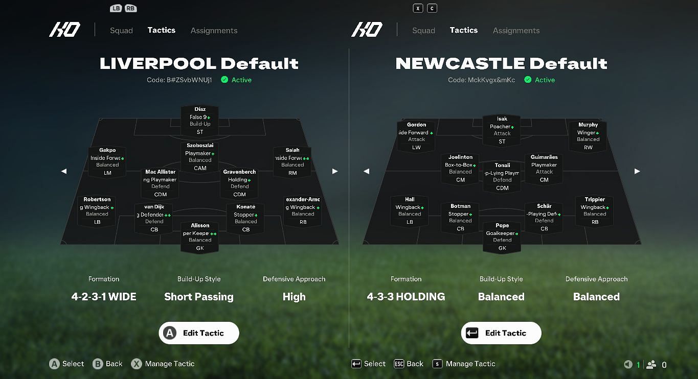 Liverpool and Newcastle in-game tactics comparison (Image via Sportskeeda Gaming || EA Sports)