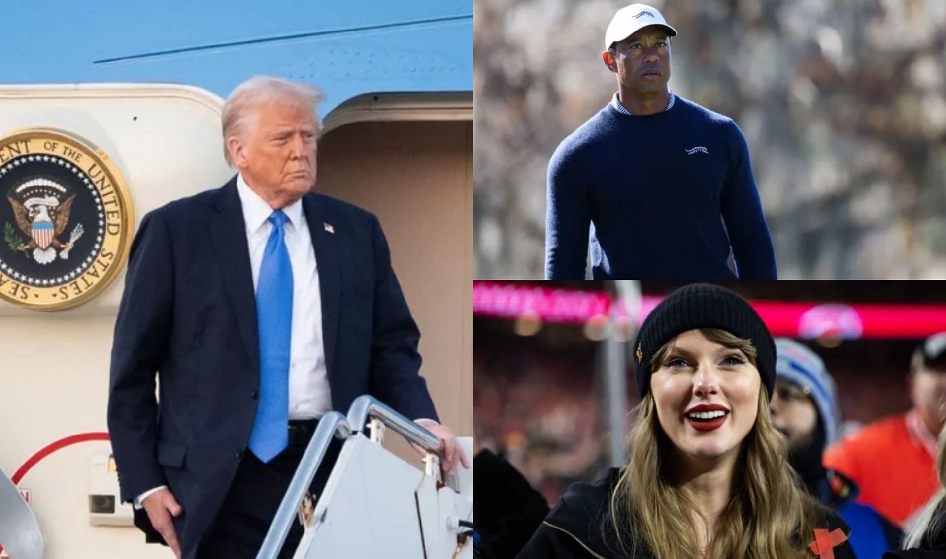 US President Donald trump, Tiger Woods and Taylor Swift (Image via Imagn)