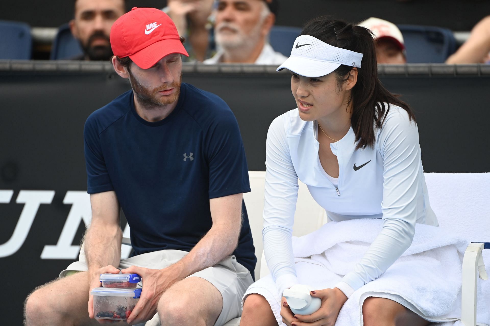 Nick Cavaday (left) and Emma Raducanu (right) at the 2025 Australian Open (Source: Getty)