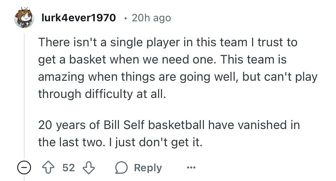 A Reddit user expresses their mistrust of all of Kansas&#039; players