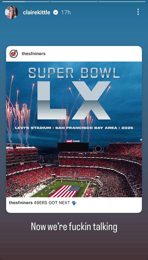 Still from George Kittle's wife Claire's Instagram story to celebrate San Francisco hosting the 2026 Super Bowl. (Credits: IG/@clairekittle)