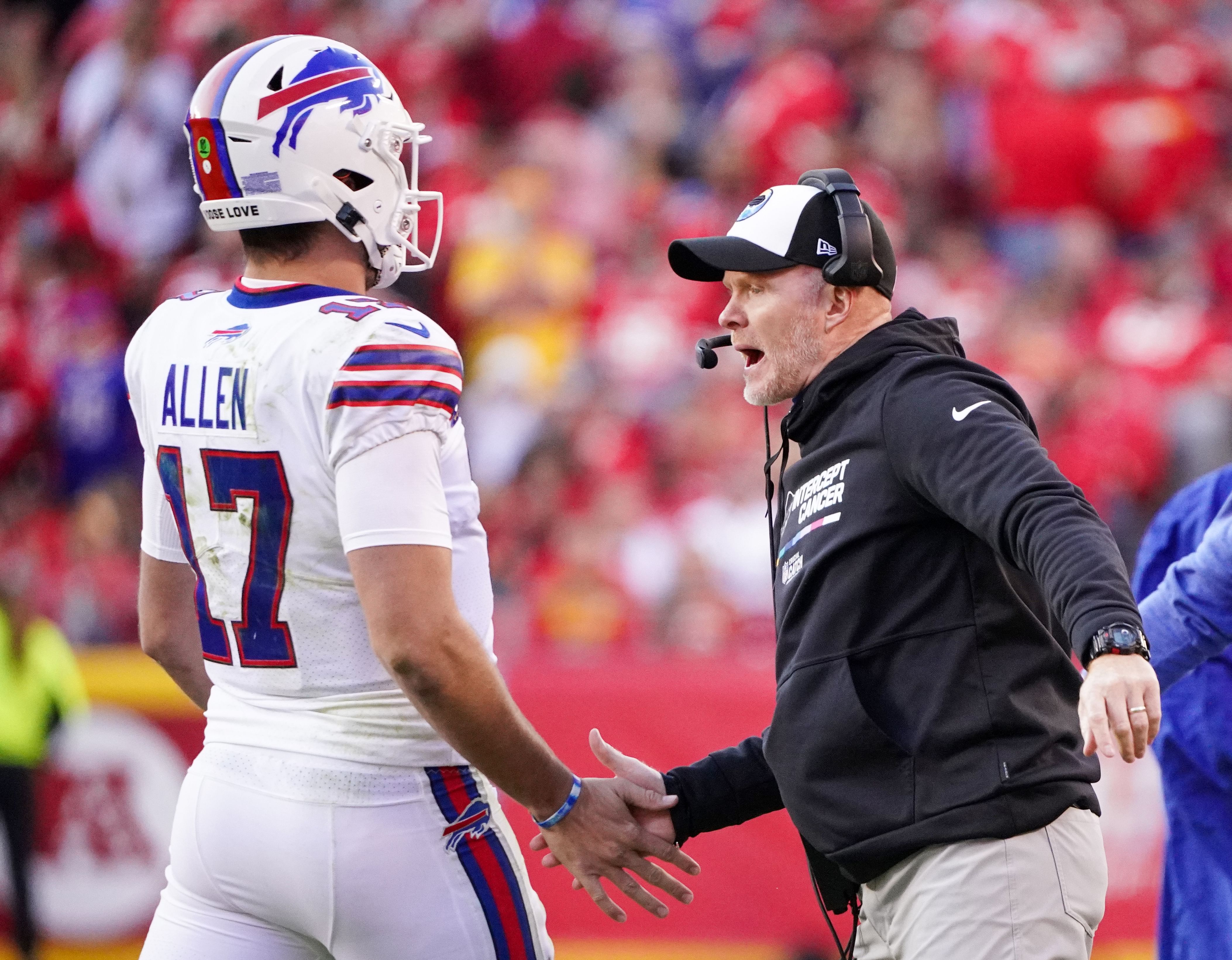 Buffalo Bills quarterback Josh Allen (17) celebrates with Buffalo Bills coach Sean McDermott during an NFL game. (Credits: IMAGN)