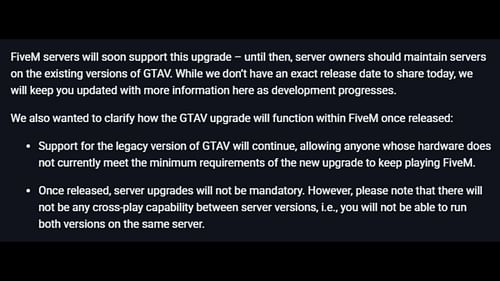 A screenshot from Cfx.re's blog about the FiveM supporting the upcoming free Grand Theft Auto 5 upgrade (Image via Cfx.re)