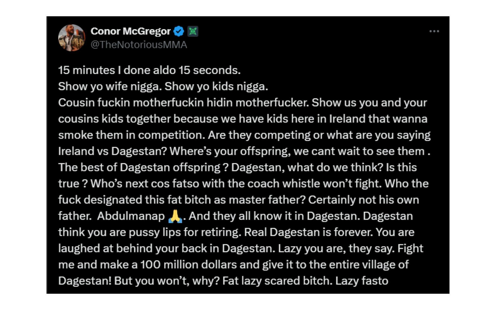 Screenshot of Conor McGregor&#039;s X post. [Screenshot courtesy: @@TheNotoriousMMA on X]