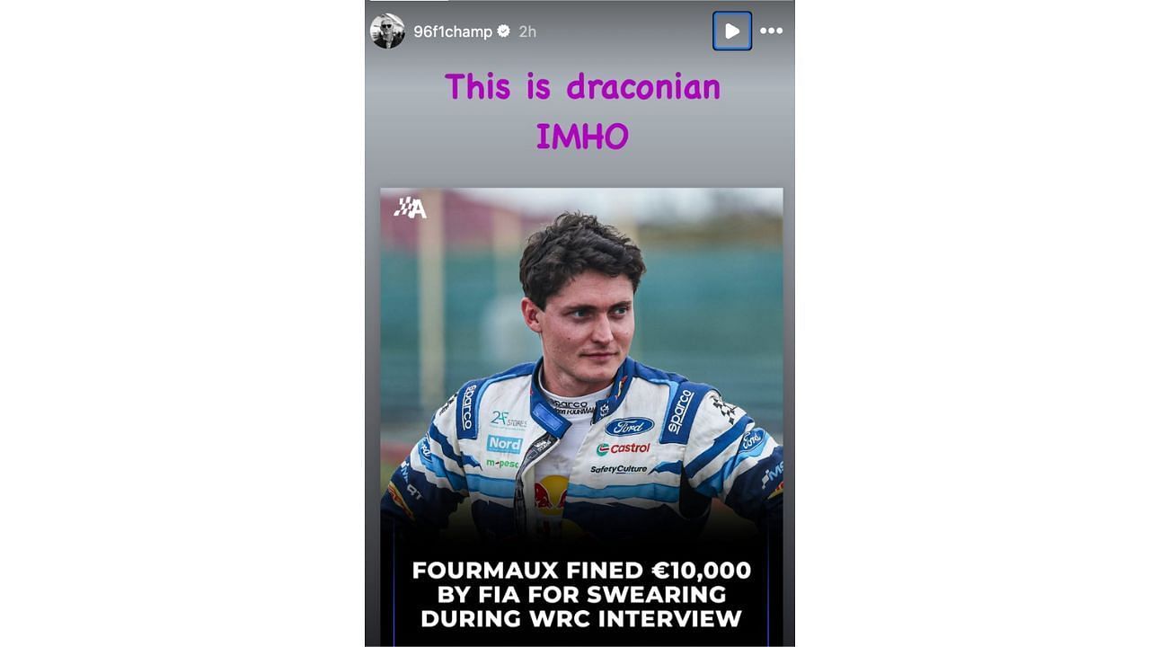 Damon Hill&#039;s story on Adrien Fourmaux [Image Source: @96f1champ/Instagram]