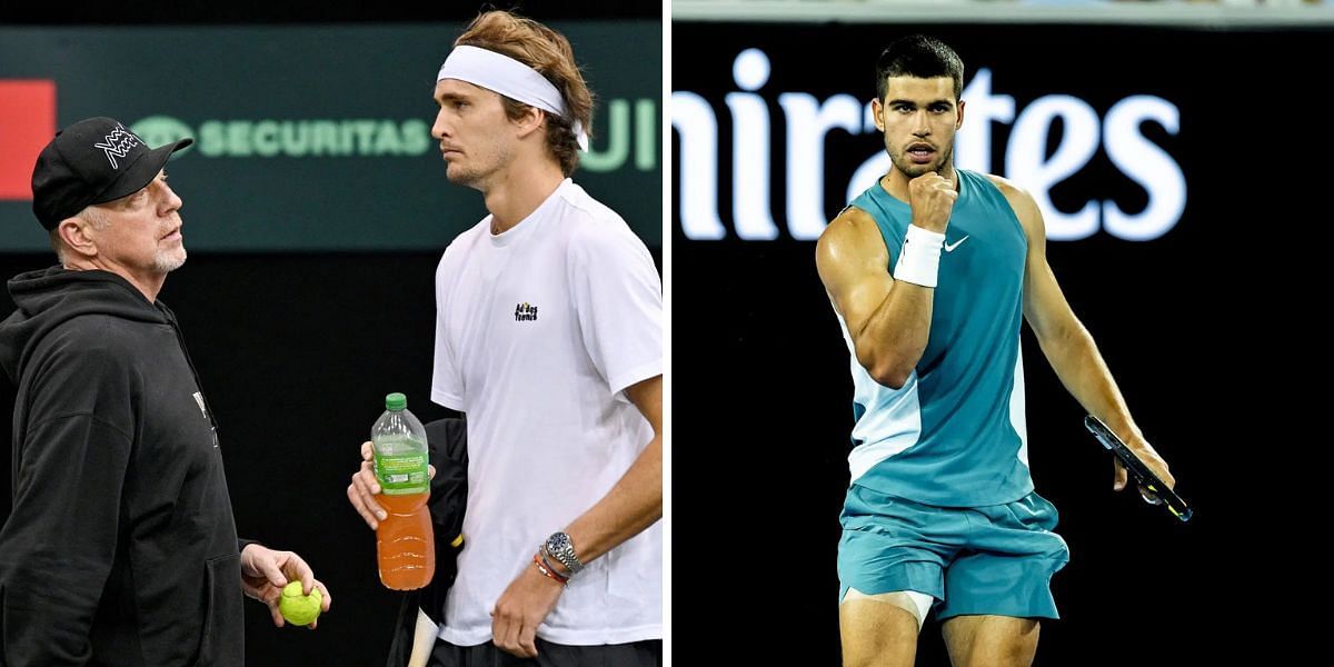 From L-R: Boris Becker, Alexander Zverev, and Carlos Alcaraz. (Photos: Getty)