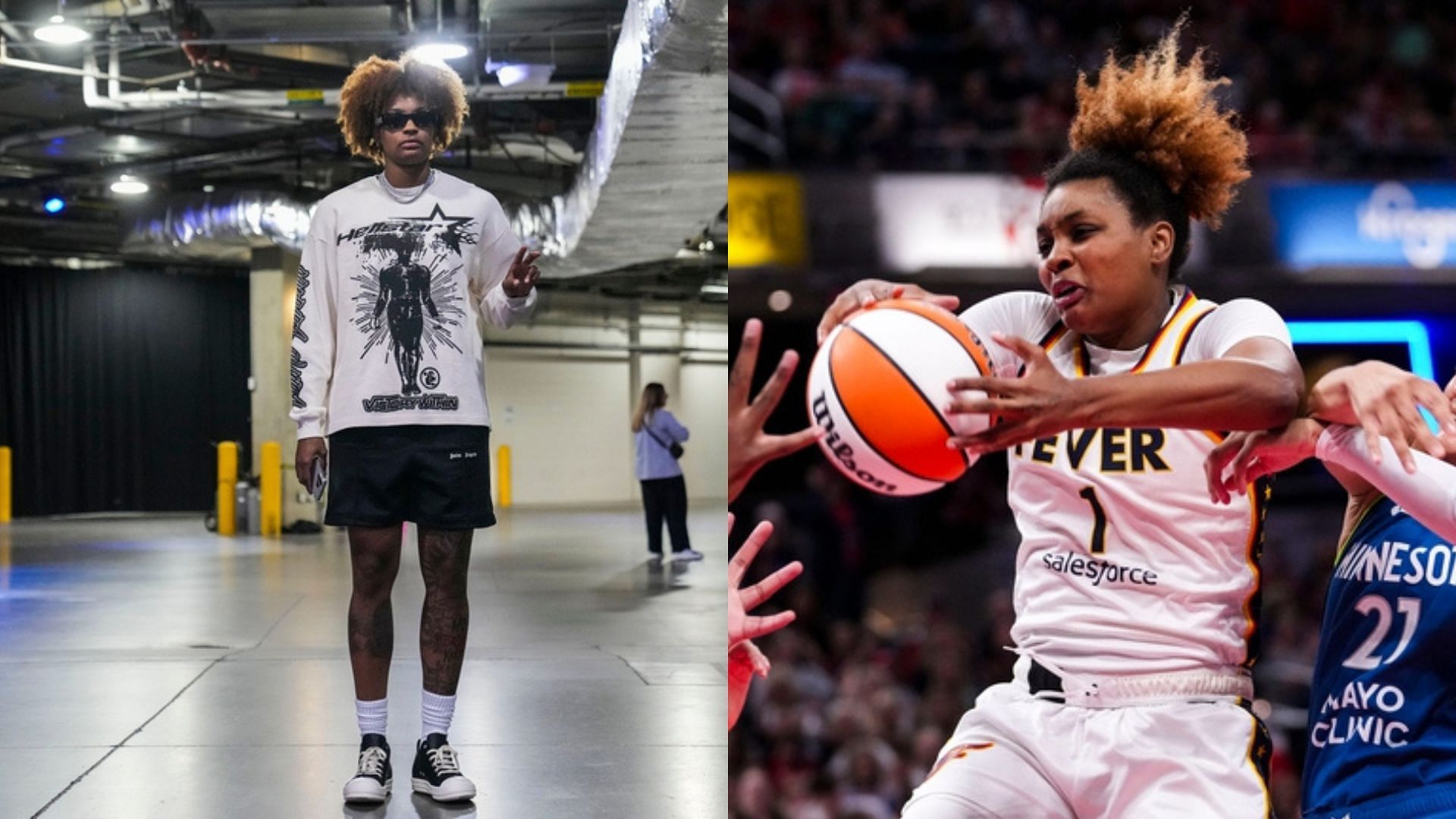 Forward NaLyssa Smith poses for a photo at Gainbridge Fieldhouse in Indianapolis, NaLyssa Smith rebounds a ball during a WNBA game. Photo Credits: imagn