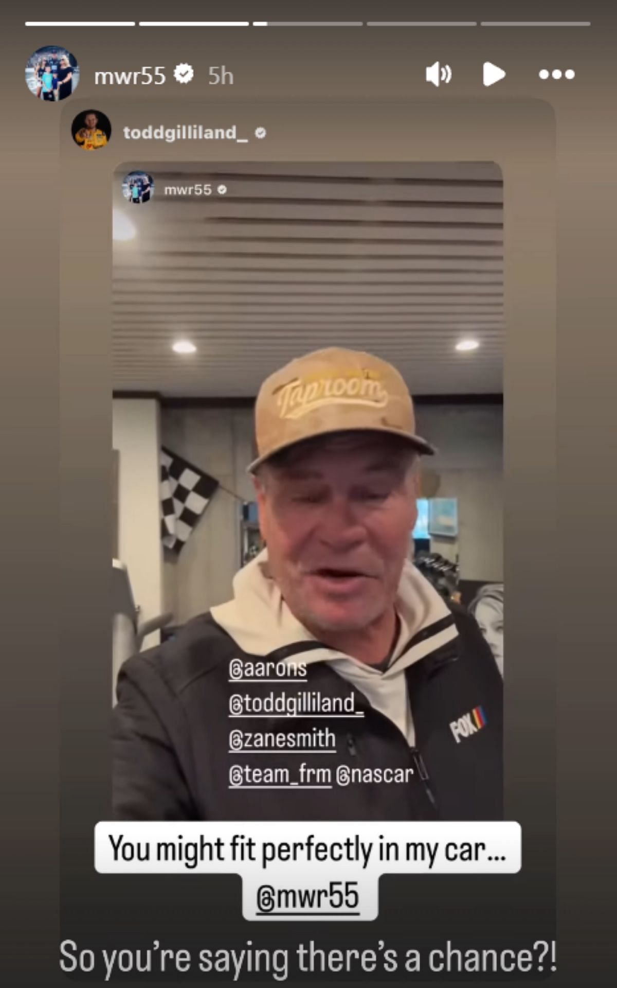 Screengrab of Michael Waltrip following up with Todd Gilliland (@mwr55 via Instagram)