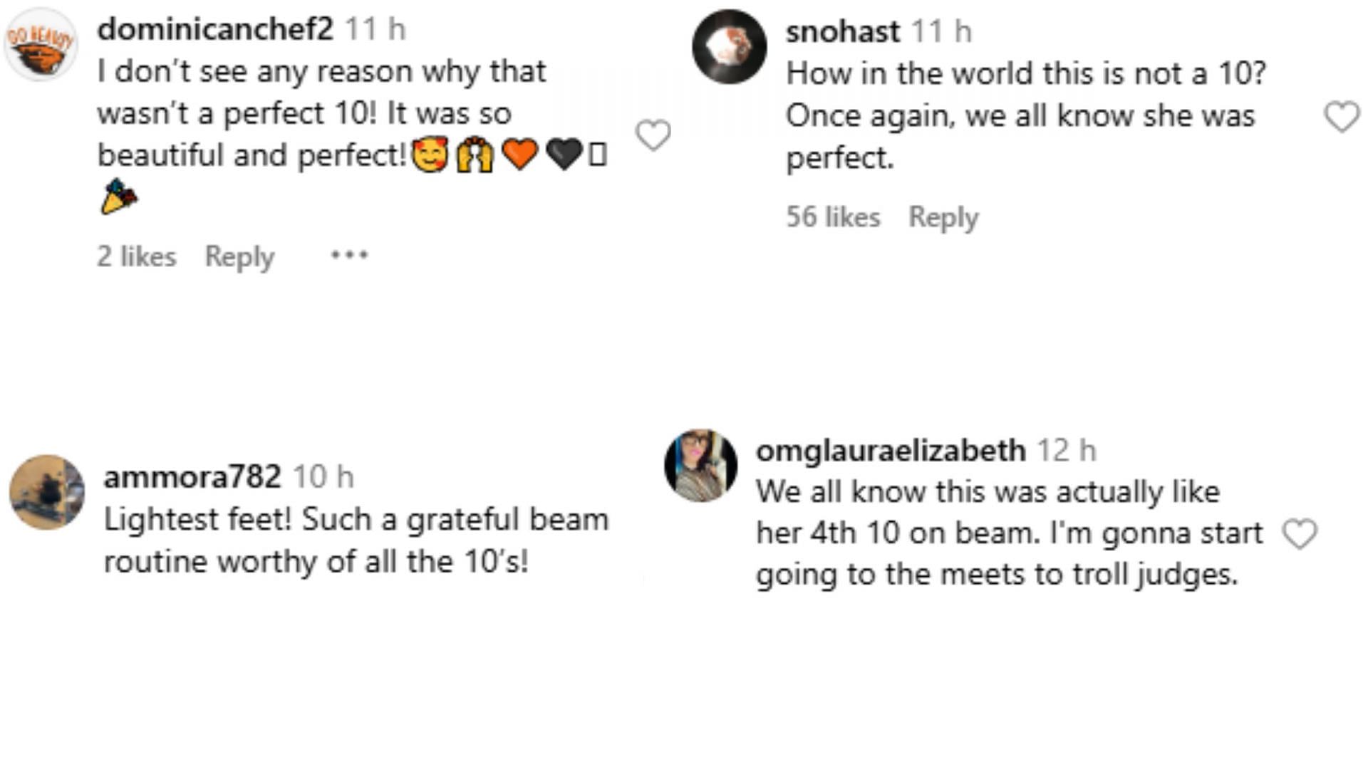 Screengrabs of fan comments on Jade Carey&#039;s performance [Image Source : Oregon State Gymnastics&#039; Instagram]