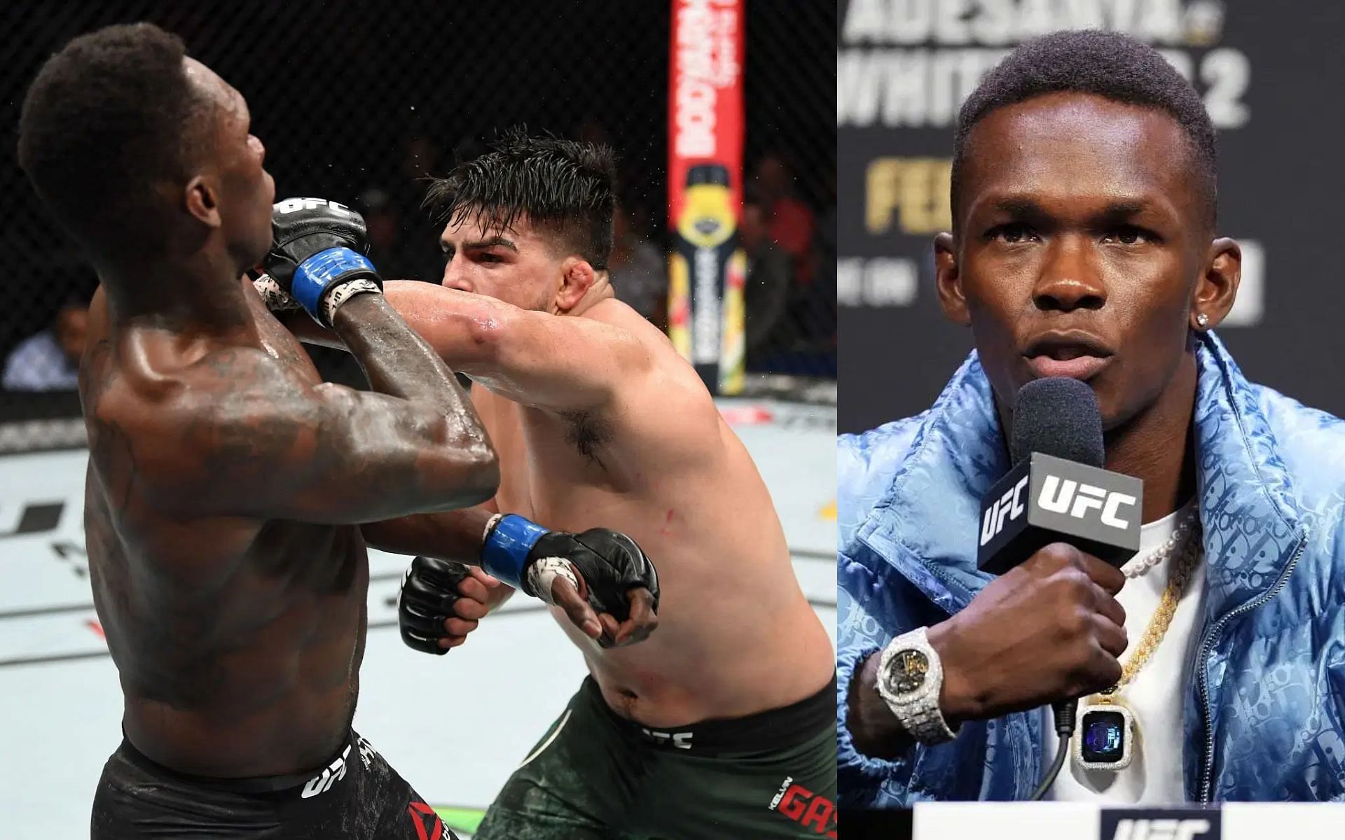 Israel Adesanya (right) looks back at his acceptance of death while fighting Kelvin Gastelum at UFC 236 (left) following Hall of Fame induction [Images courtesy: Getty Images]