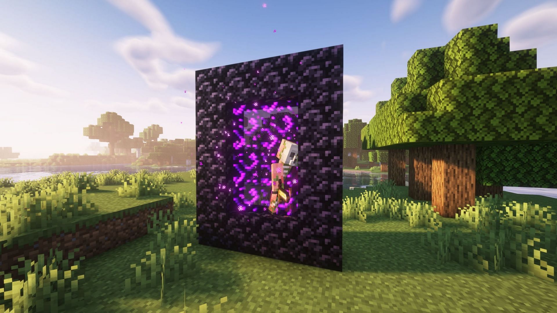 Villager entering the real world connects perfectly with zombified piglins entering the Overworld in the game (Image via Sportskeeda Gaming || Mojang Studios)