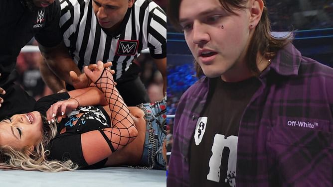 Dominik Mysterio reacts after Liv Morgan is injured on WWE RAW