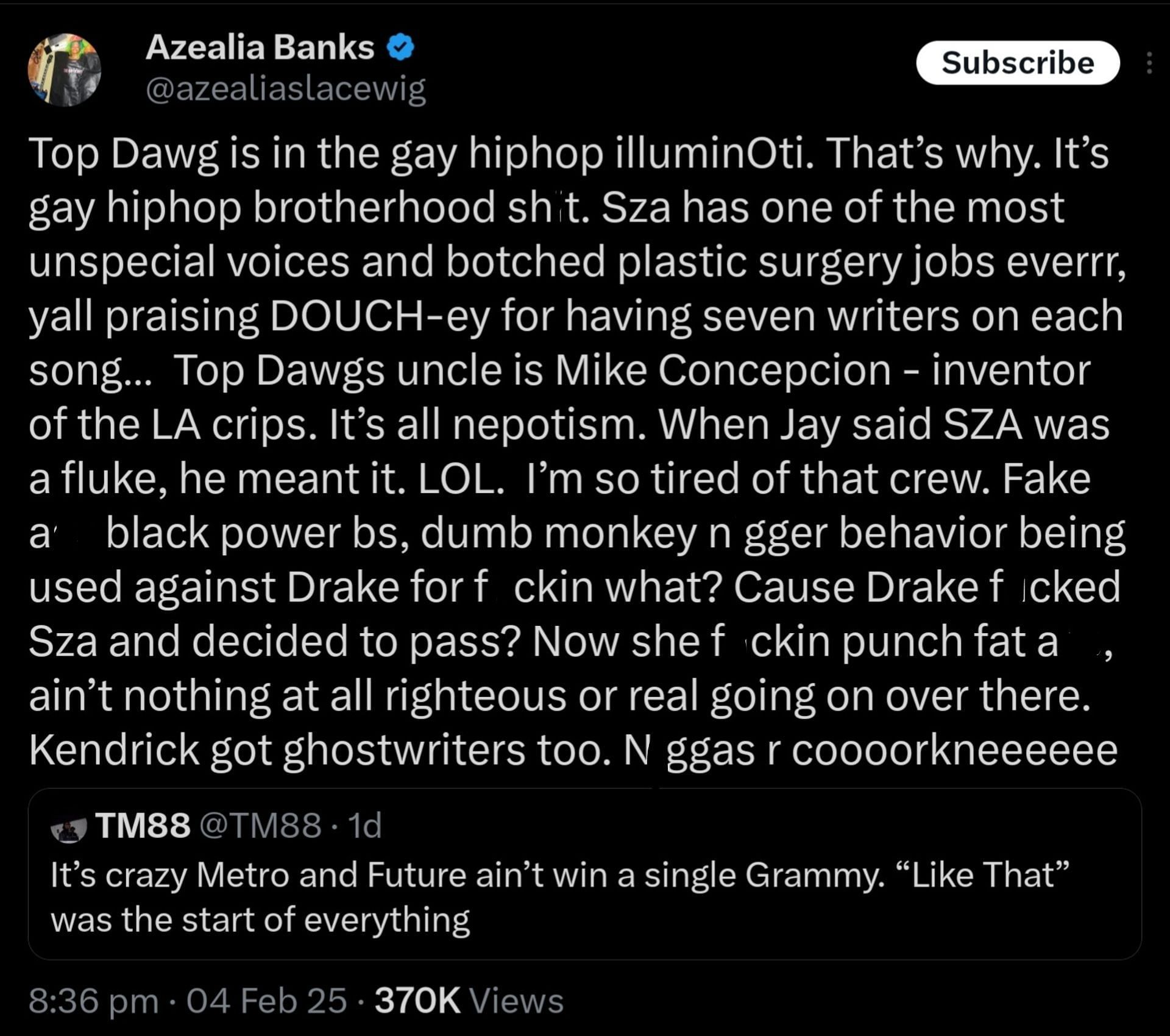 Azealia Banks&#039; tweet, (Photo via @azealiaslacewig/X)