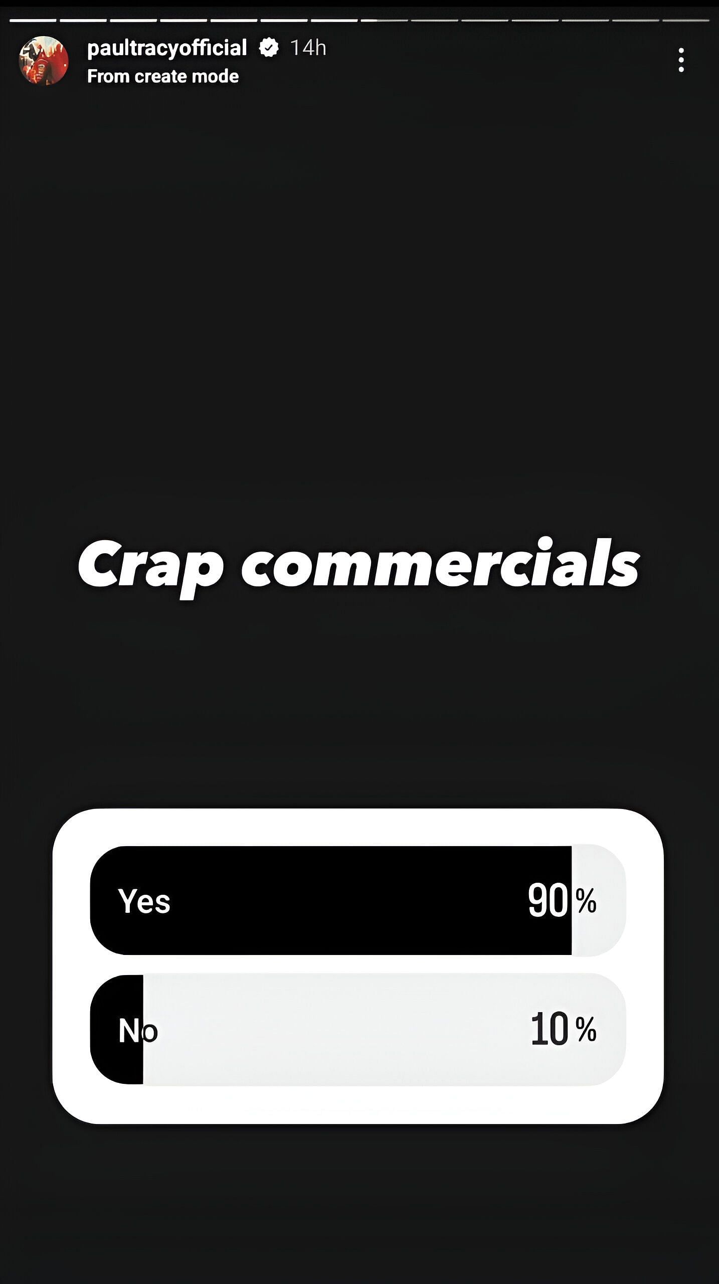 Tracy&#039;s poll on his story regarding the Super Bowl commercials - Source: via @paultracyofficial on Instagram