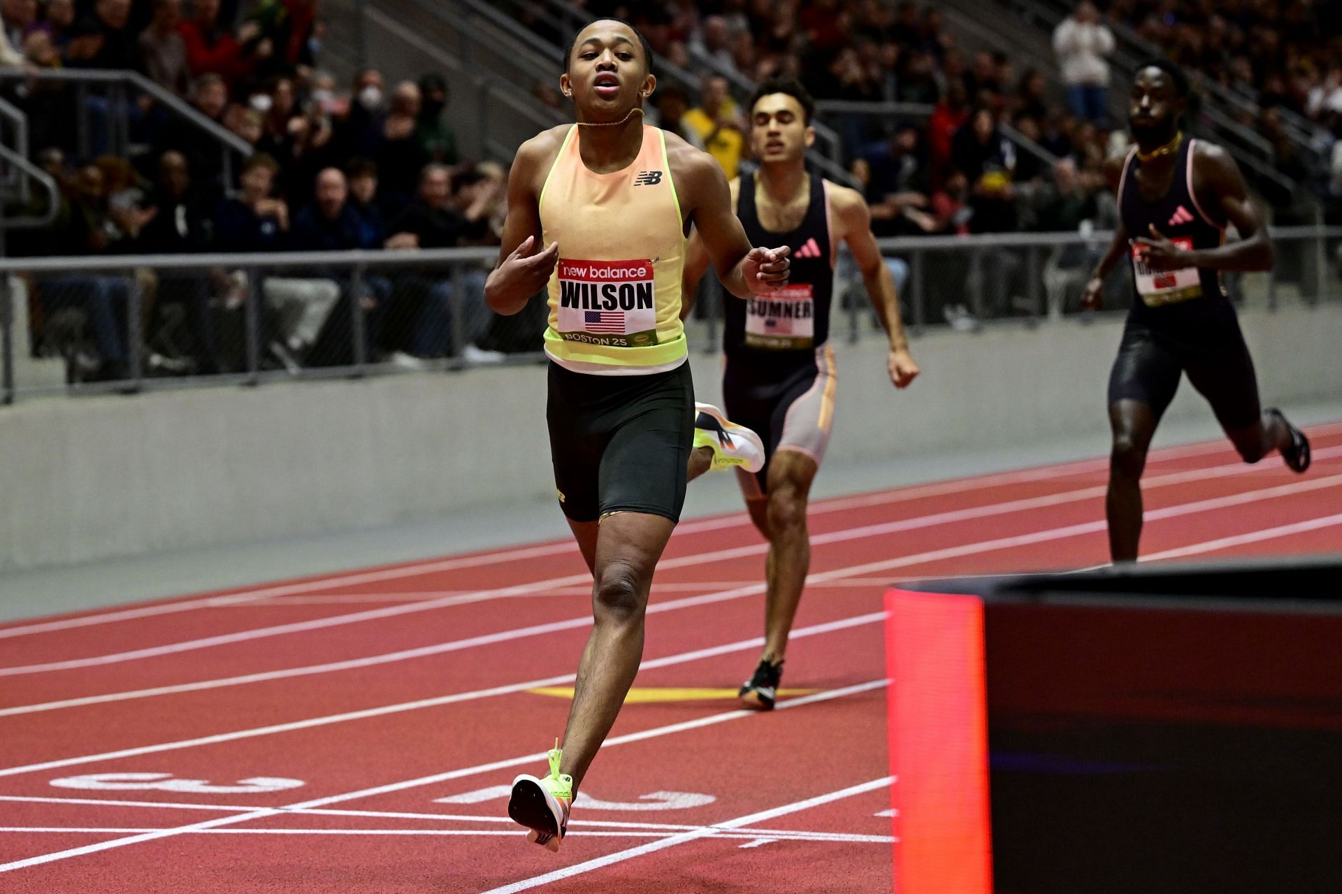 Quincy Wilson running the Men&#039;s 400m race in Boston during the 2025 New Balance Indoor Grand Prix (Image via: Getty Images)