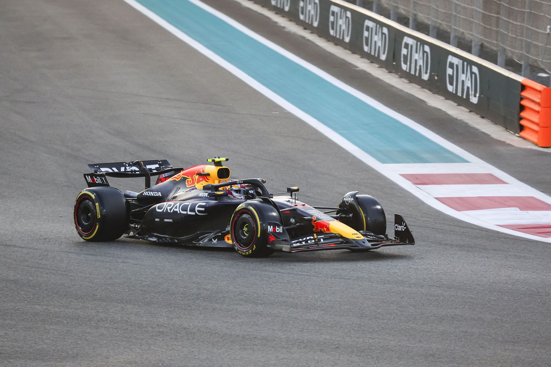 Sergio P&eacute;rez of Oracle Red Bull Racing Formula One Team on track in action with the RB20 car during the F1 Grand Prix of Abu Dhabi at Yas Marina Circuit, Abu Dhabi, United Arab Emirates on December 8, 2024 (Photo by Nicolas Economou/NurPhoto via Getty Images)