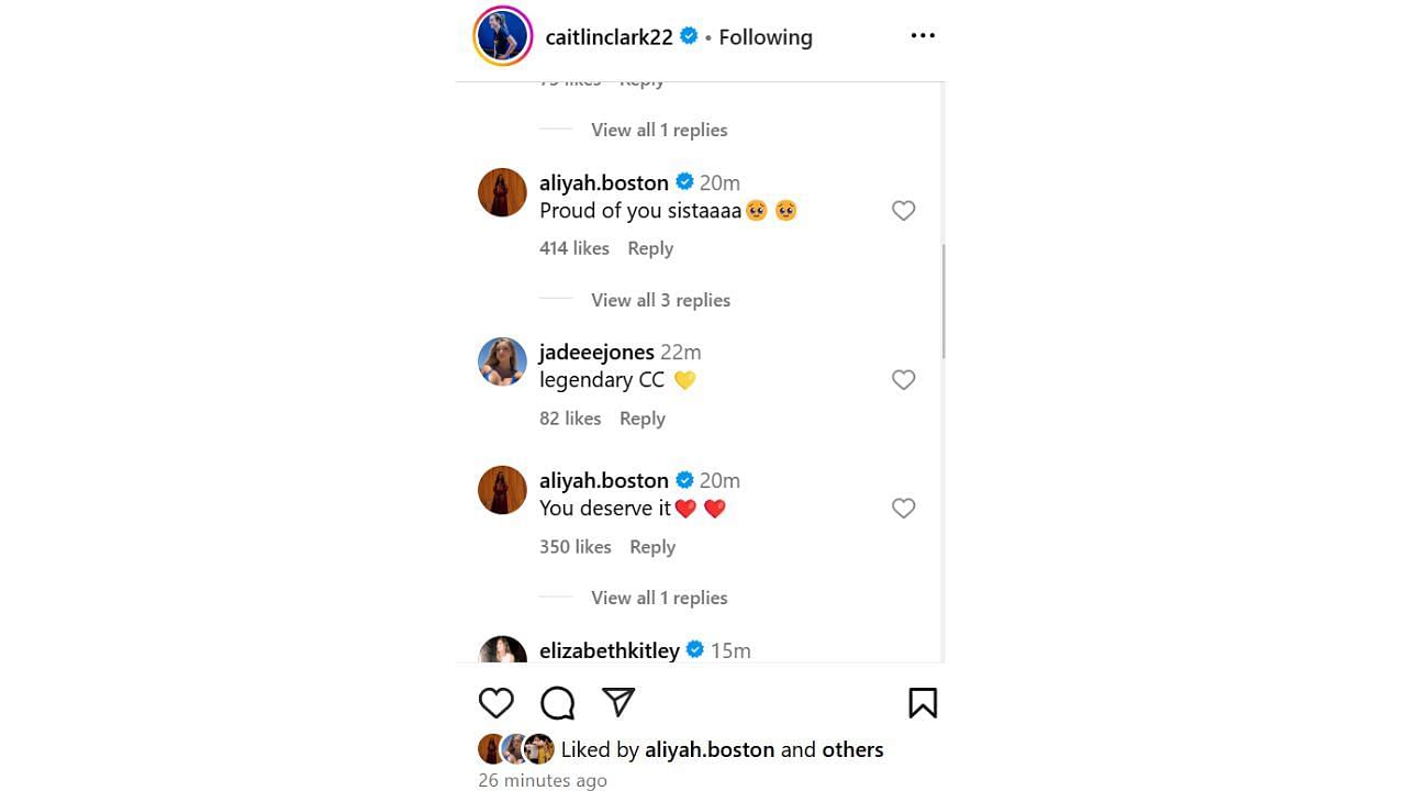 Aliyah Boston and Tyrese Haliburton&#039;s girlfriend, Jade Jones, react to Caitlin Clark&#039;s message on IG. [Source: @caitlinclark22/IG]