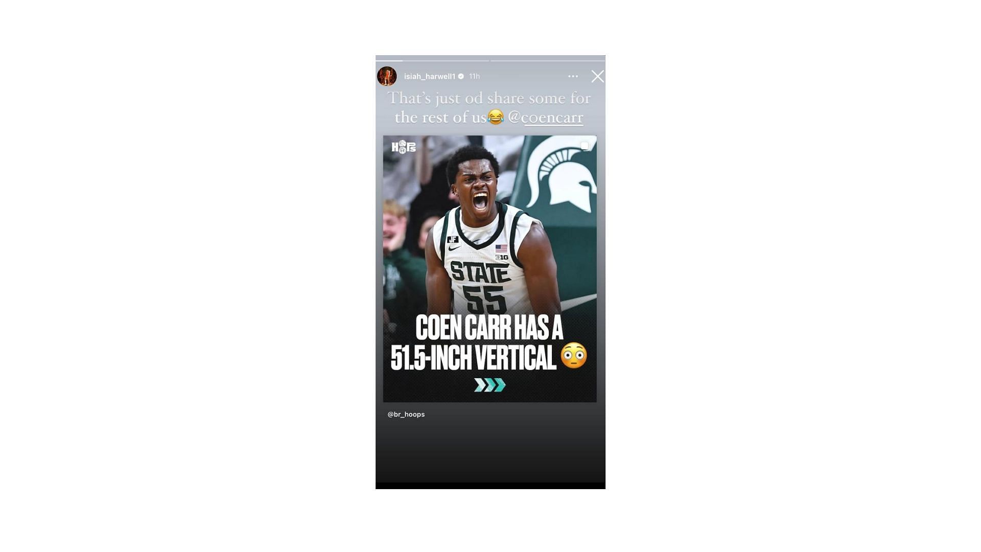 Houston signee Isiah Harwell shares his reaction to Michigan State PF Coen Carr&#039;s vertical jump (Image by Instagram/@ isiah_harwell1)