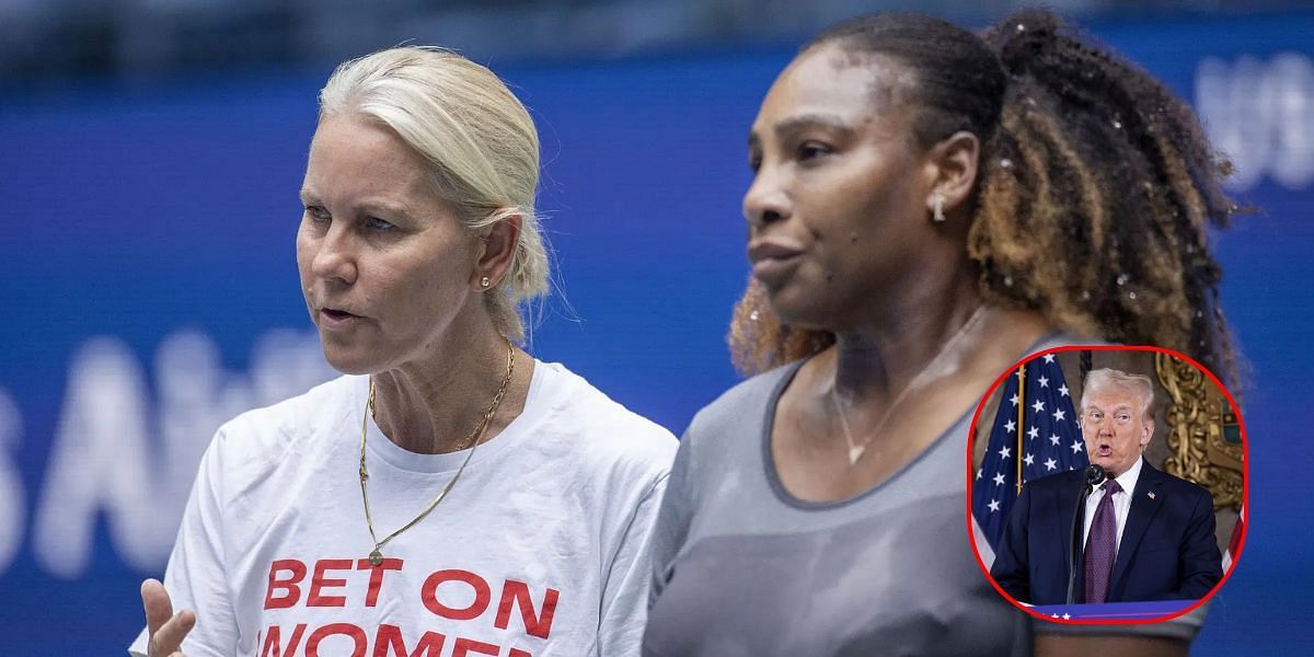 Serena Williams with Rennae Stubbs, Donald Trump (inset) | Getty