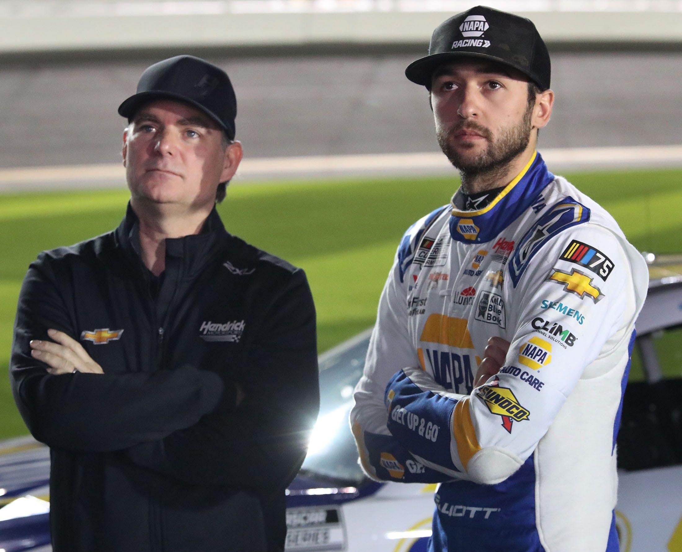 Jeff Gordon (left) with Chase Elliott (right) during the 2023 during Daytona 500 - Source: Imagn