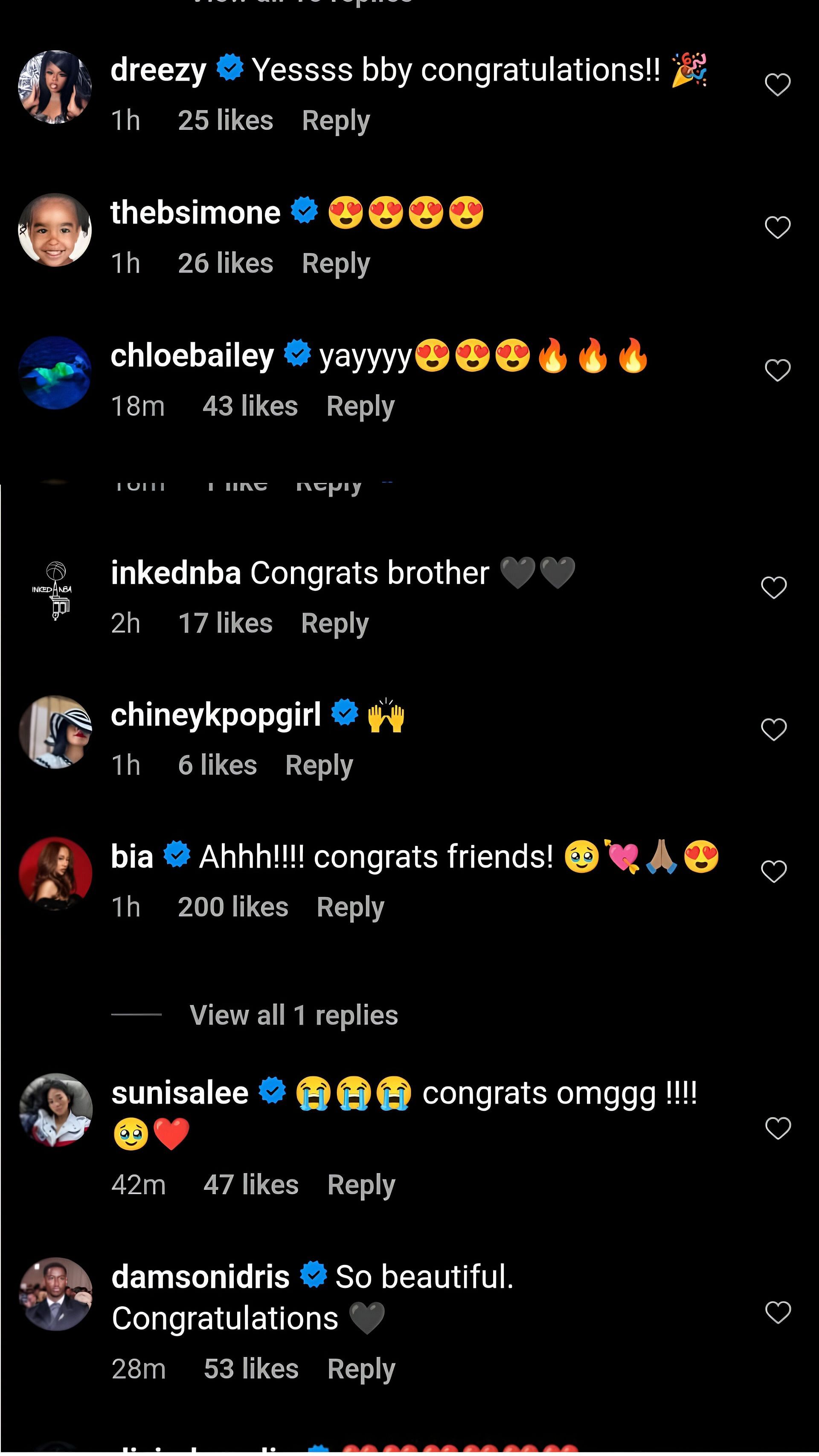 Comments on Winnie Harlow&#039;s engagement post. (IG/Winnie Harlow)